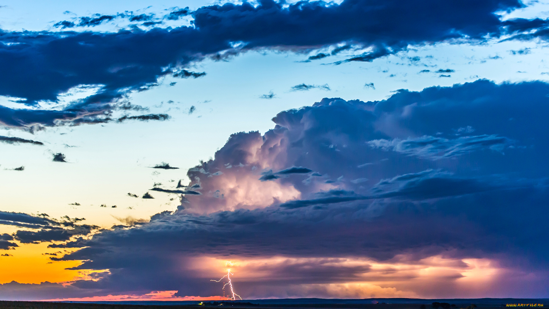 природа, молния, , гроза, зарево, закат, горизонт, облака, небо, гроза