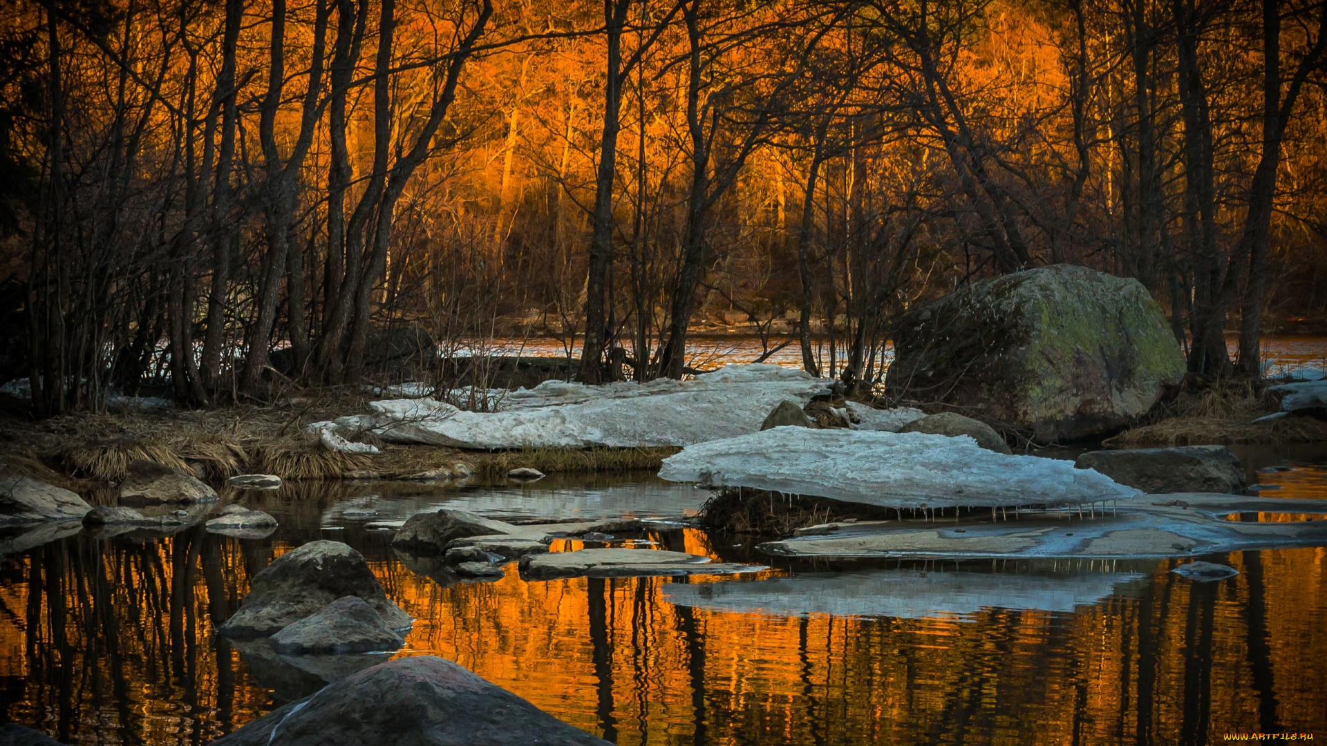 природа, реки, озера, март, весна, лед, валуны, камни, река, лес