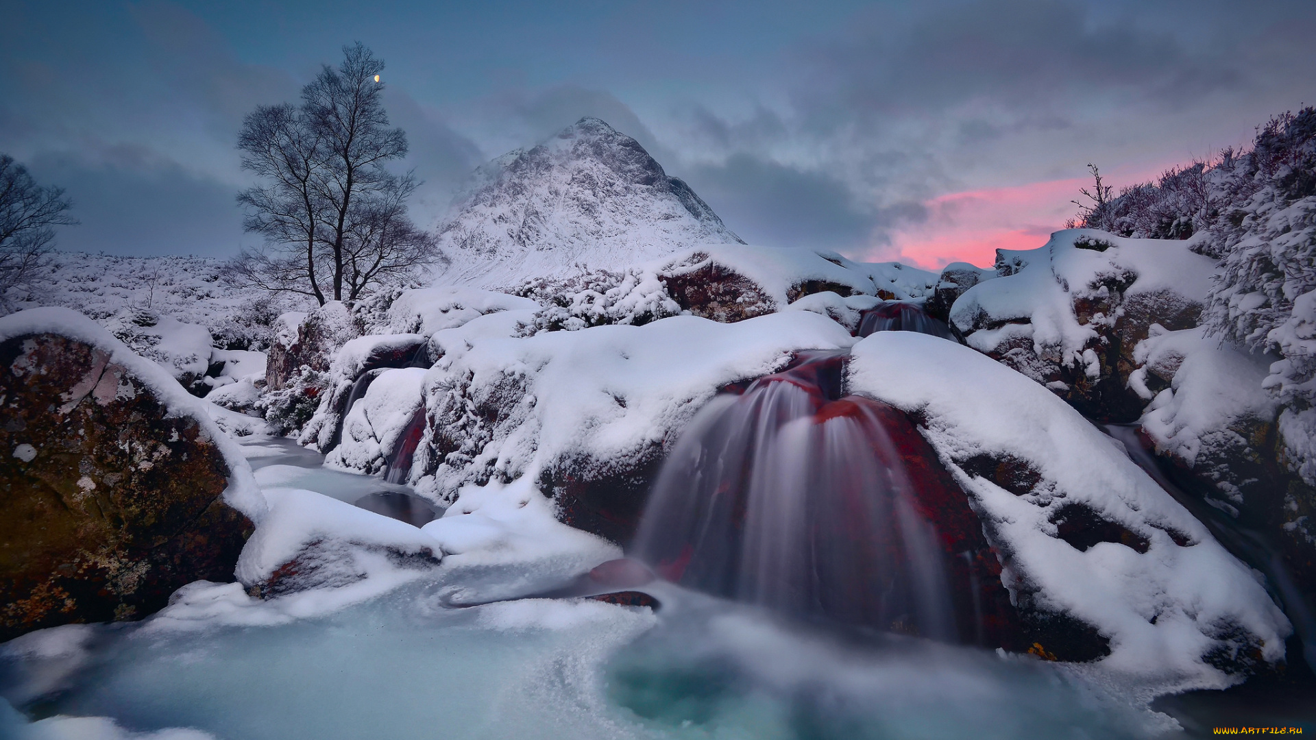 природа, зима, выдержка, buachaille, лёд, снег, шотландия, хайленд, луна, вечер