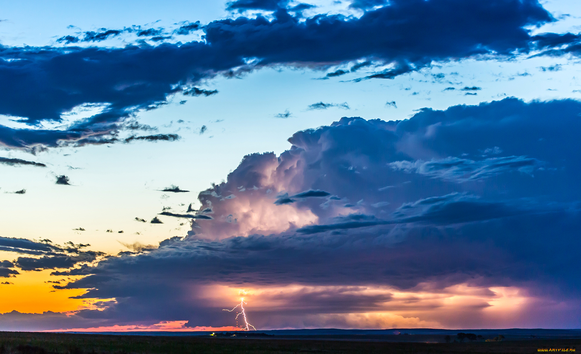 природа, молния, , гроза, зарево, закат, горизонт, облака, небо, гроза