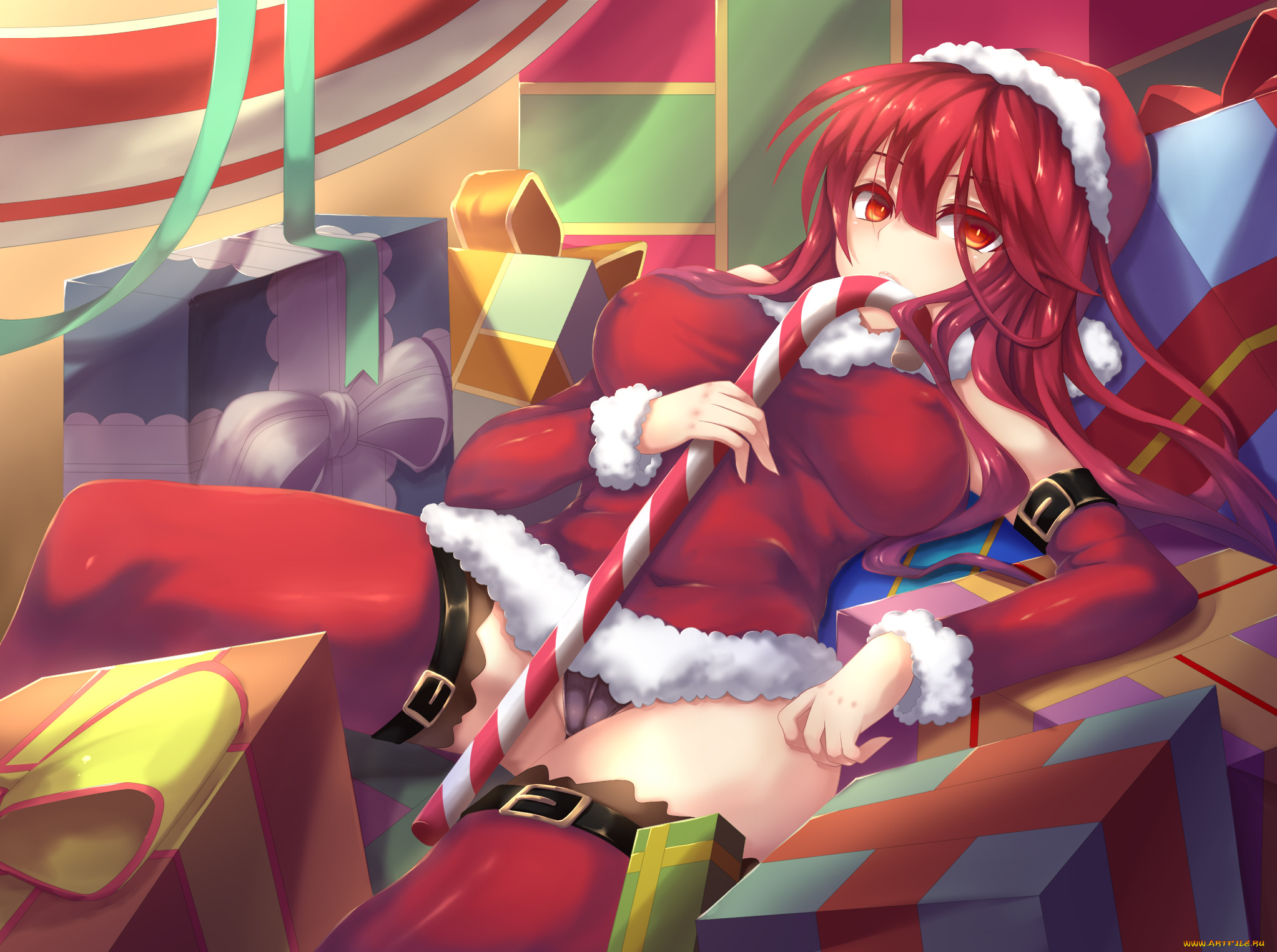 аниме, зима, , новый, год, , рождество, конфета, подарки, костюм, санта, клаус, девушка, forbiddenimmortality, ремни, ленты, шапка, fi-san, elesis, elsword