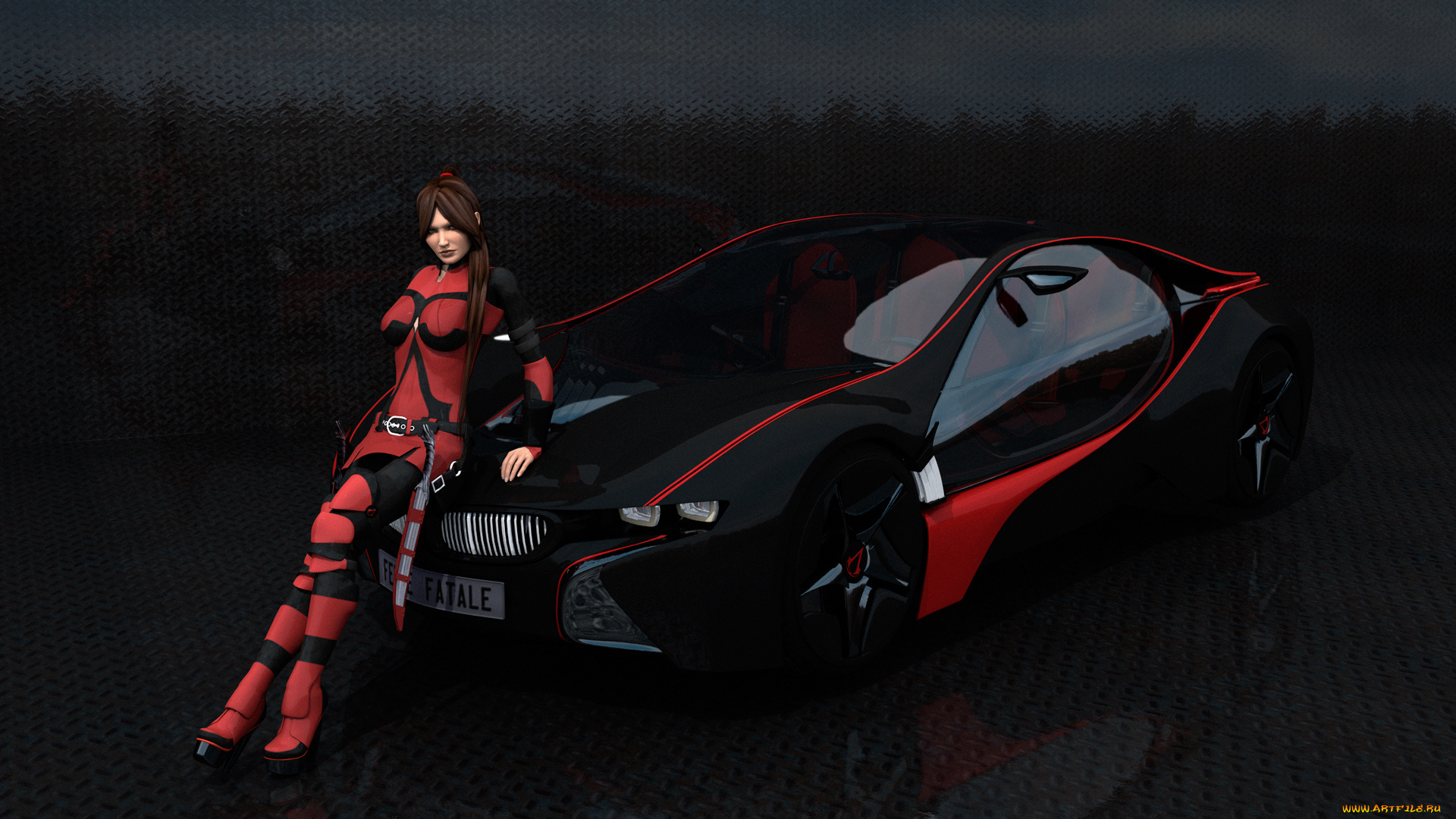 автомобили, 3d, car&girl, автомобиль, фон, взгляд, девушка