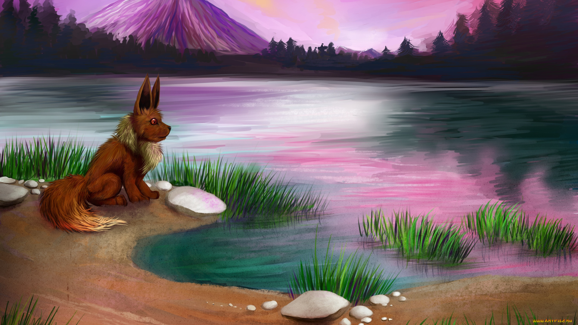 рисованное, животные, , собаки, озеро, собака, взгляд