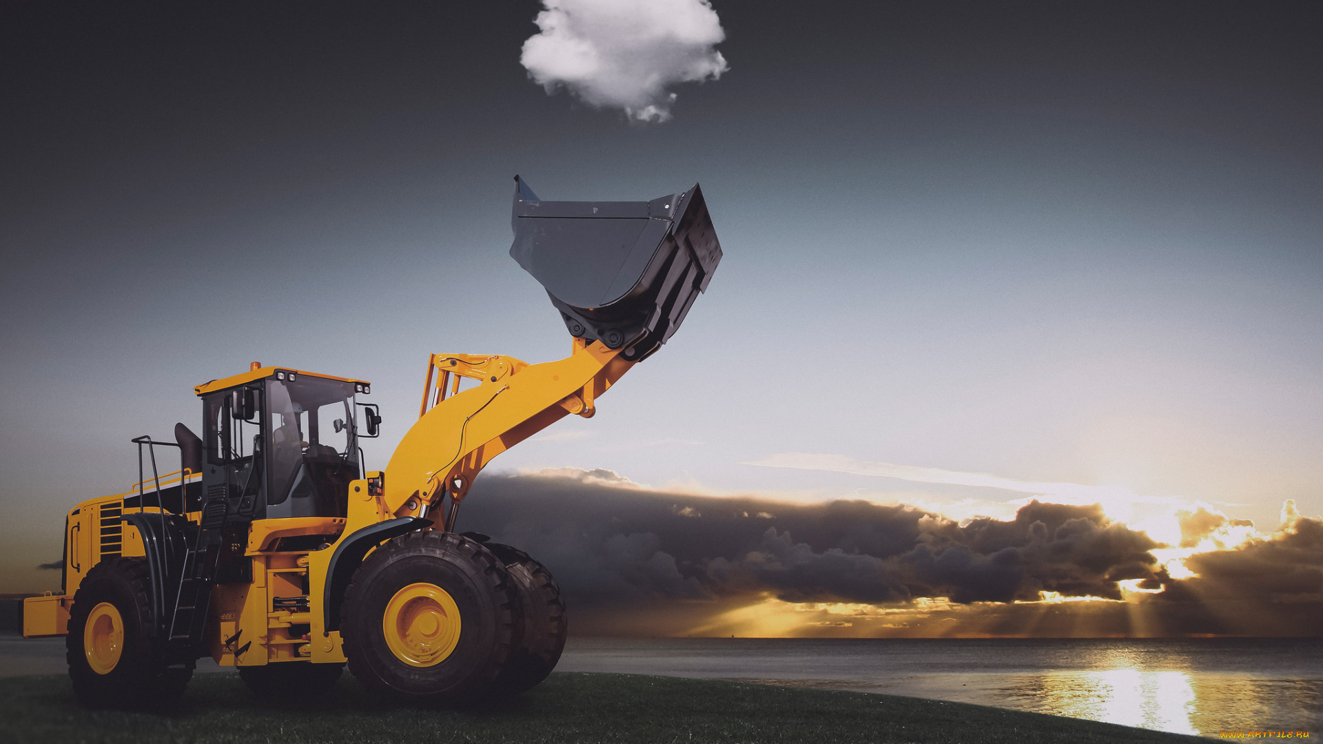 техника, фронтальные, погрузчики, трактор, солнце, облака, озеро