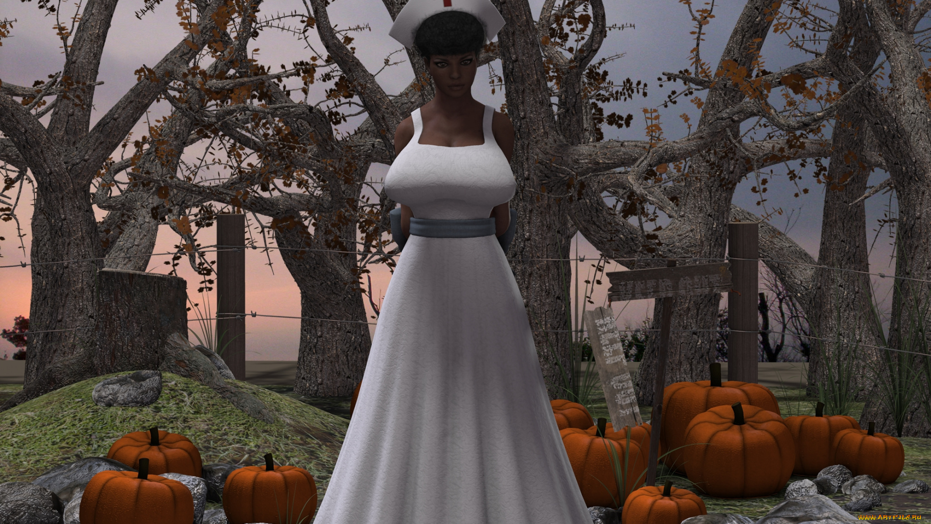 3д, графика, люди, , people, тыквы, фон, взгляд, девушка