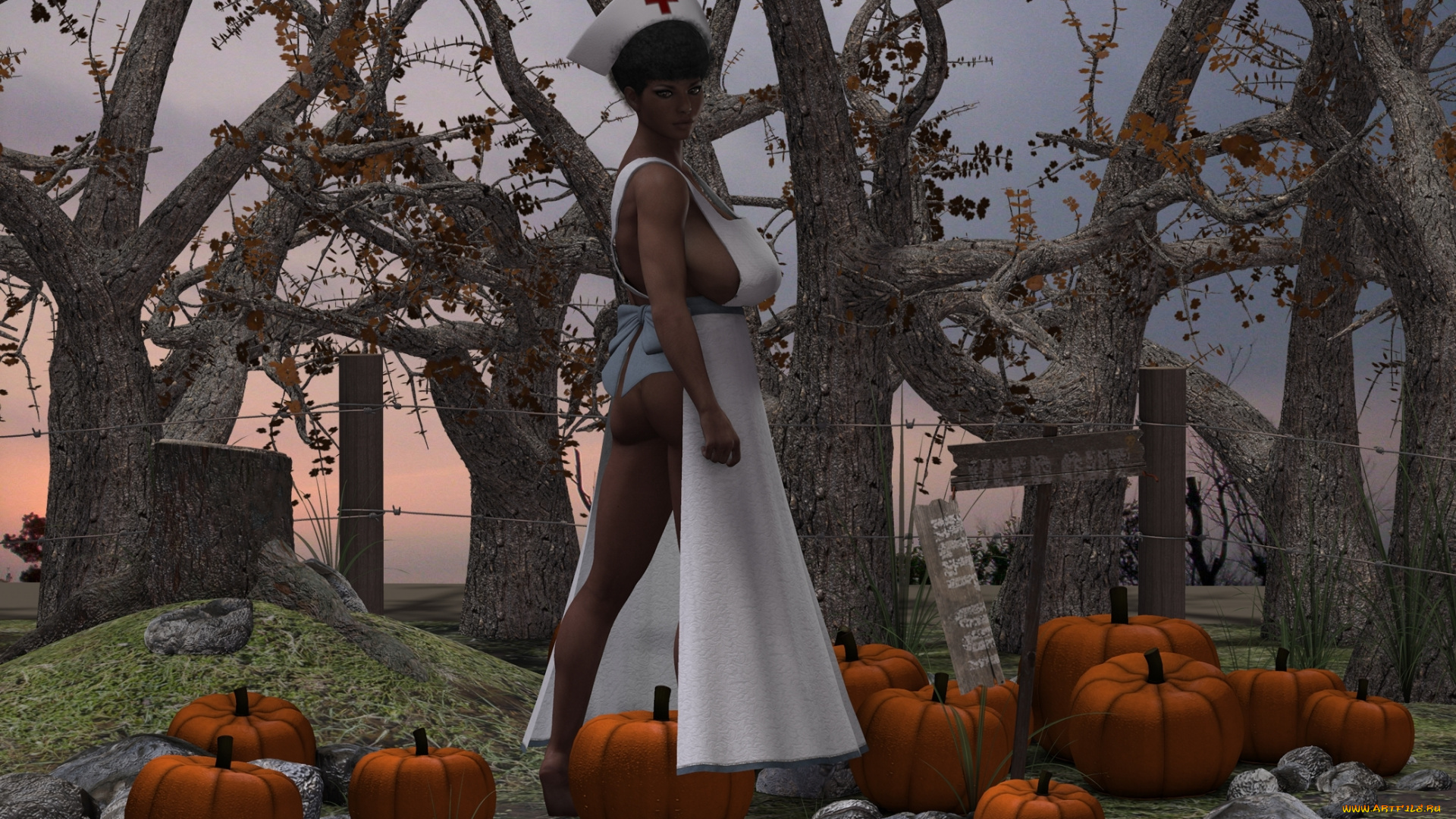 3д, графика, люди, , people, тыквы, фон, взгляд, девушка