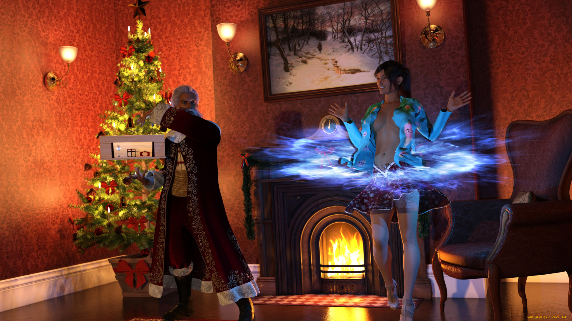 3д, графика, праздники, , holidays, девушка, взгляд, фон, санта, клаус, интерьер, елка, подарки, камин