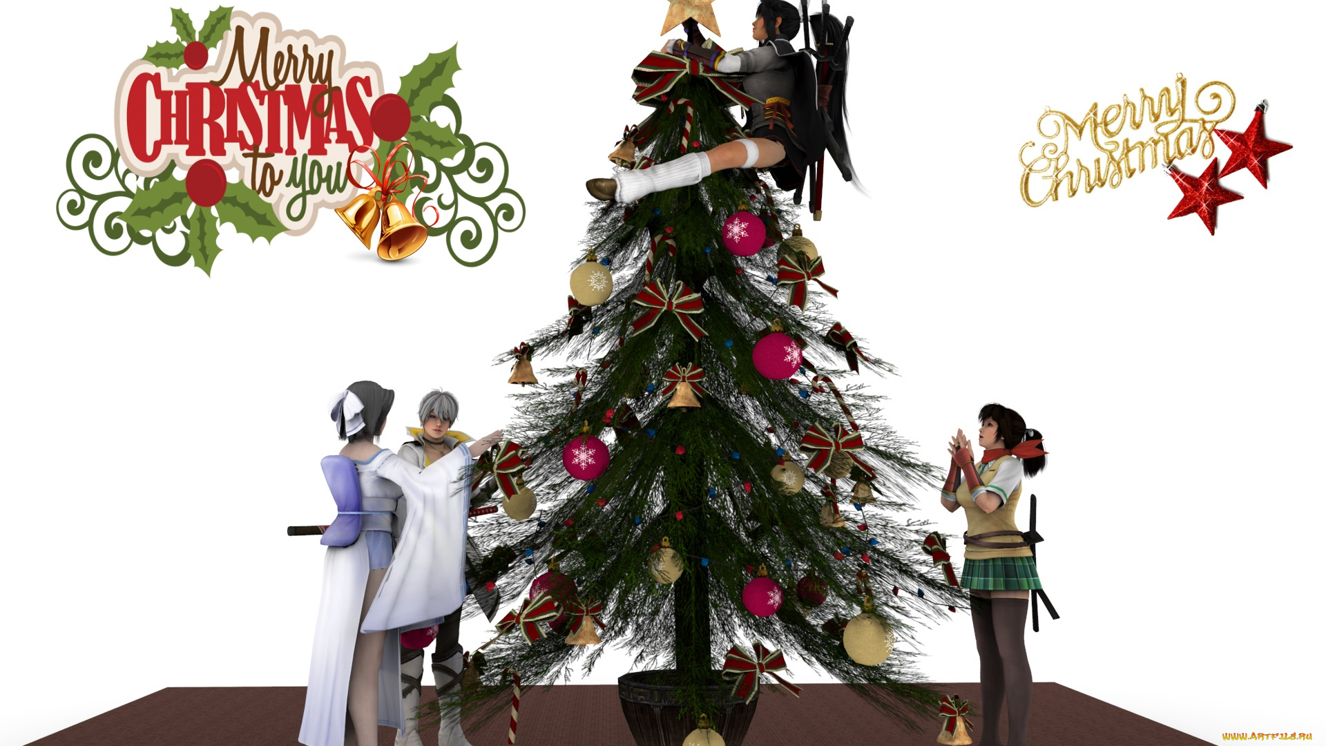 3д, графика, праздники, , holidays, девушки, фон, елка, взгляд