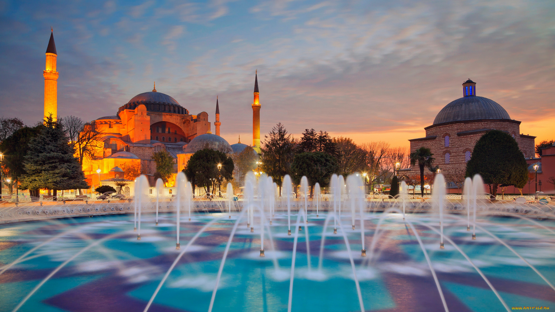 города, стамбул, , турция, стамбул, вечер, аця-софия, минарет, фонтан, собор, святой, софии