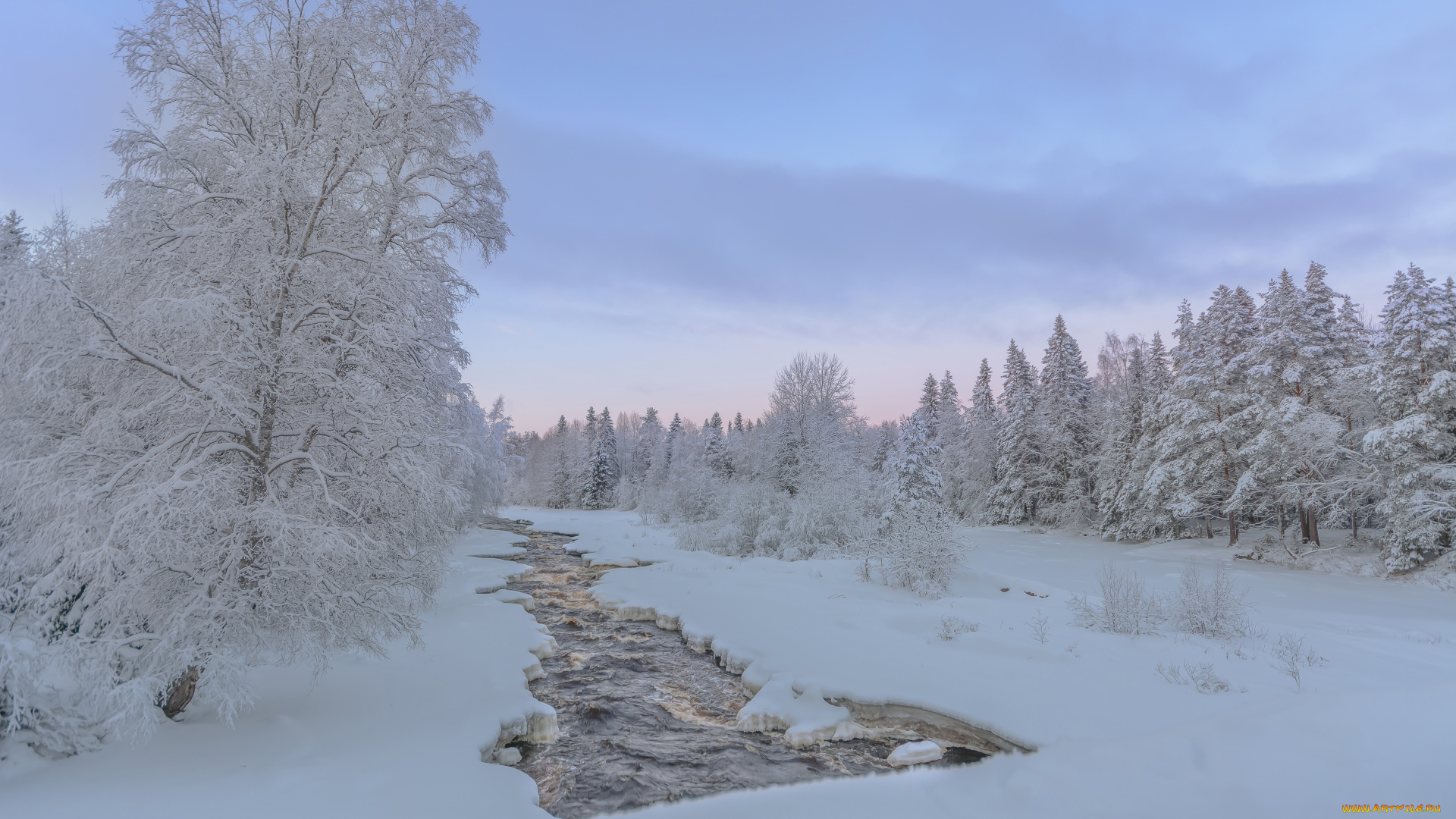 природа, зима, река, лес, финляндия, деревья, снег