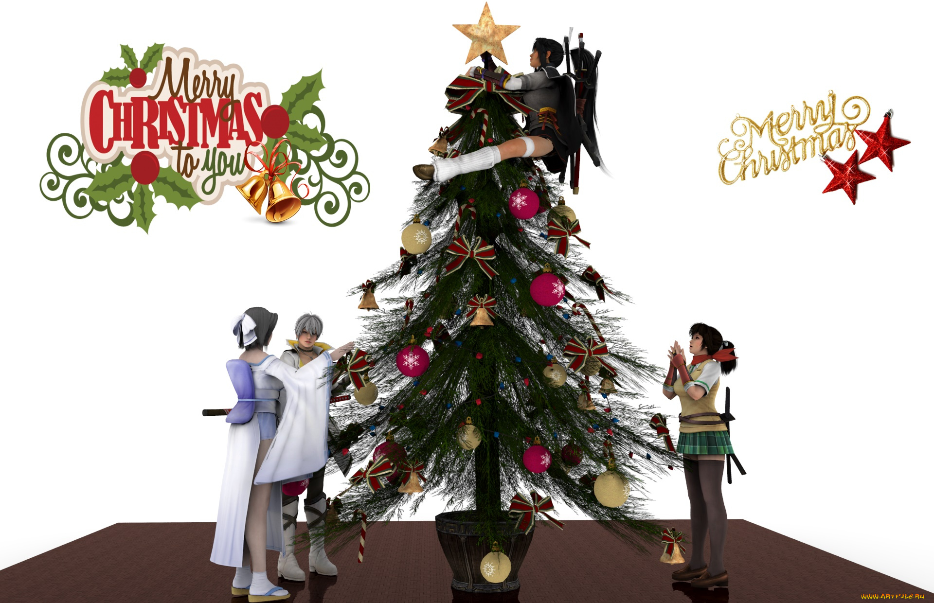 3д, графика, праздники, , holidays, девушки, фон, елка, взгляд