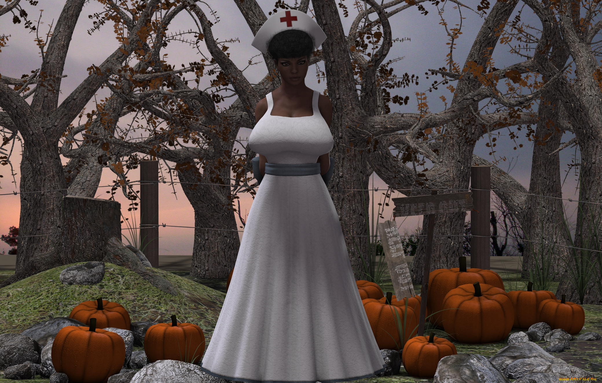 3д, графика, люди, , people, тыквы, фон, взгляд, девушка