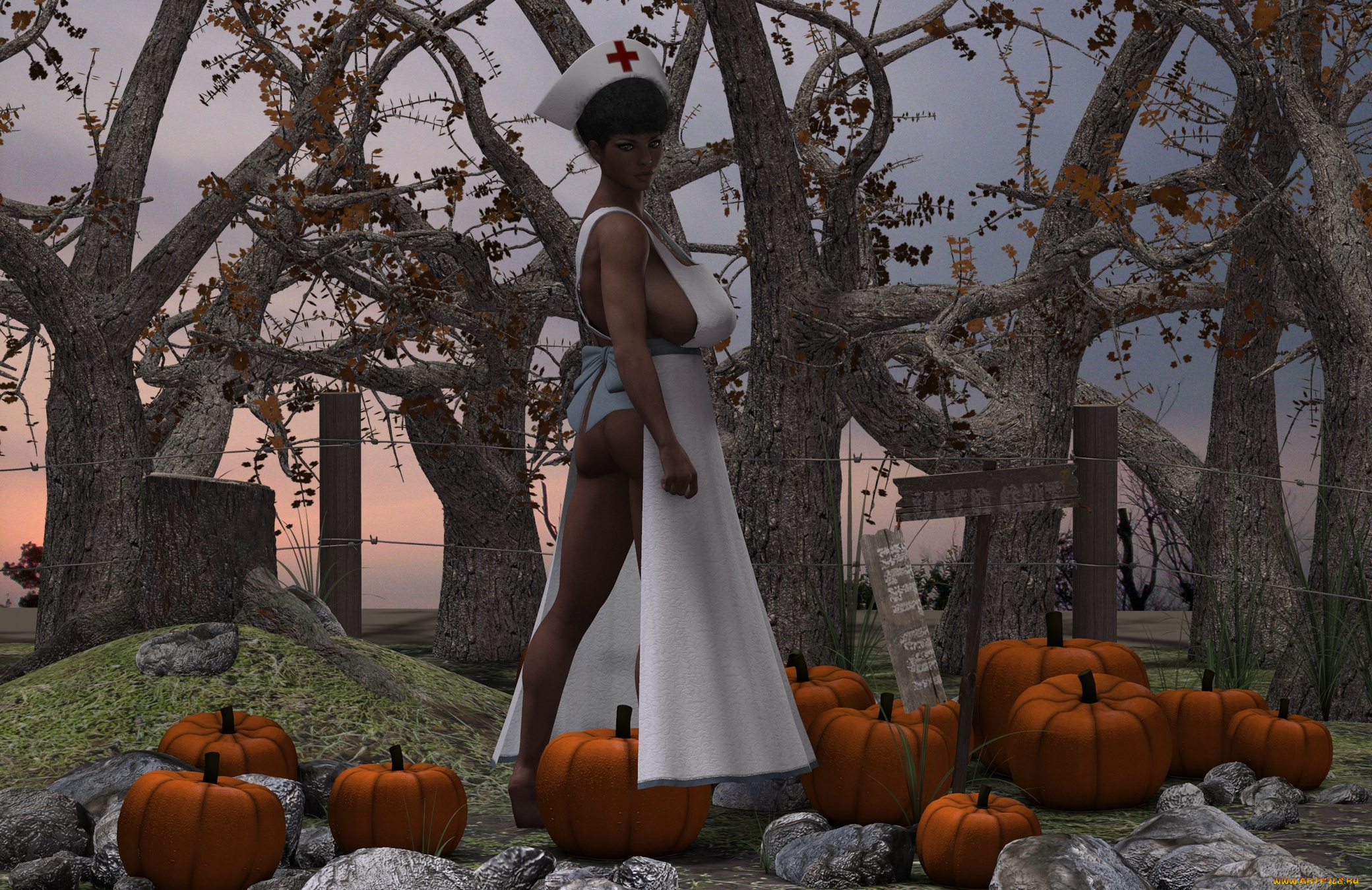 3д, графика, люди, , people, тыквы, фон, взгляд, девушка