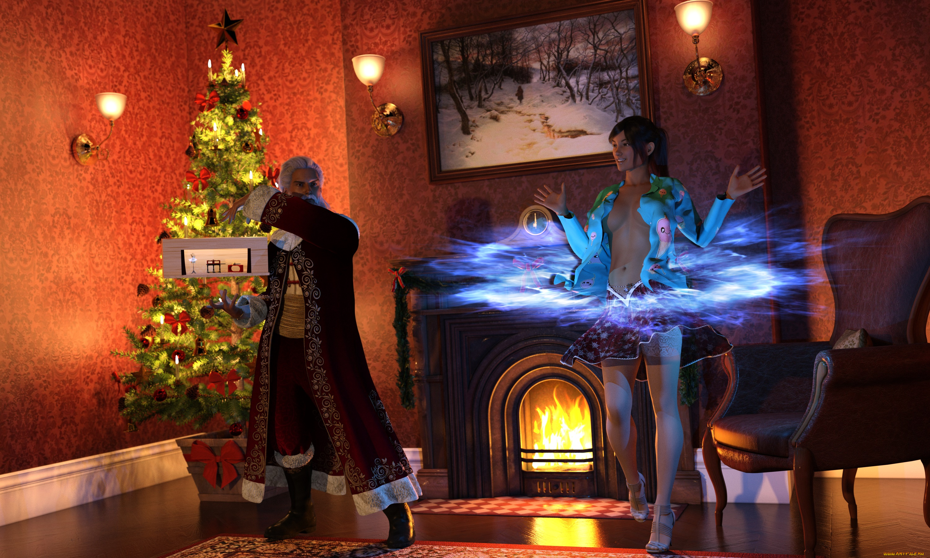 3д, графика, праздники, , holidays, девушка, взгляд, фон, санта, клаус, интерьер, елка, подарки, камин