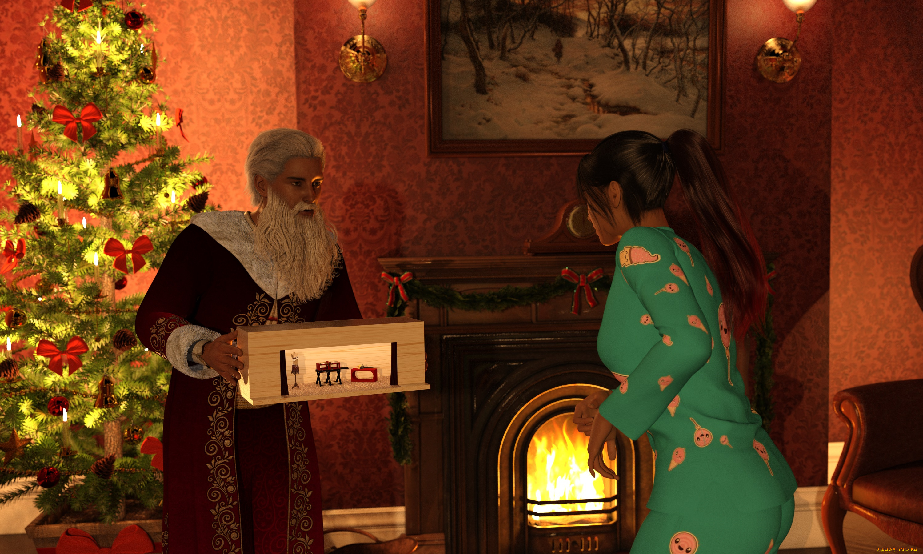 3д, графика, праздники, , holidays, девушка, взгляд, фон, санта, клаус, интерьер, елка, подарки, камин