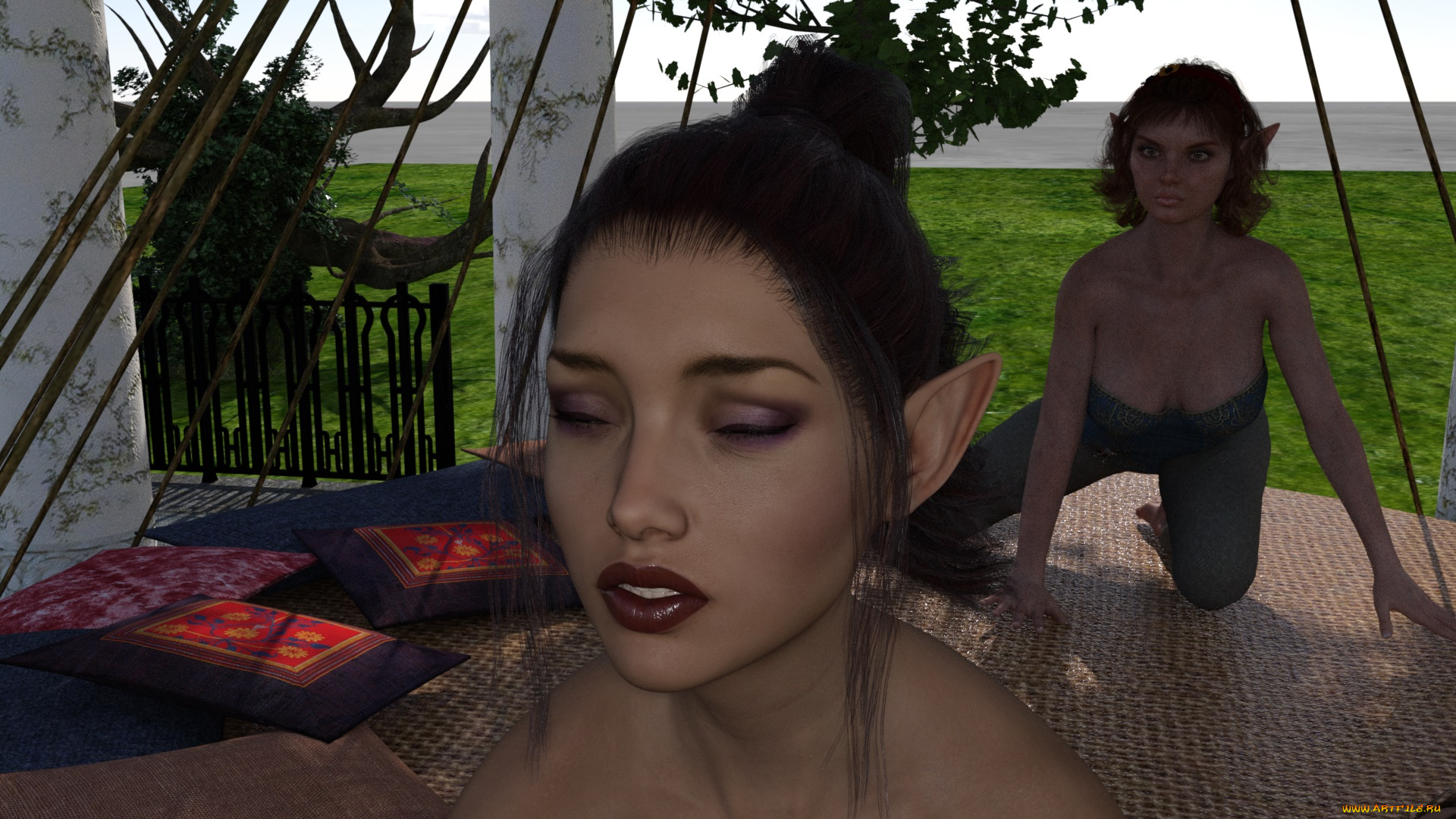 3д, графика, эльфы, , elves, фон, взгляд, эльфийка