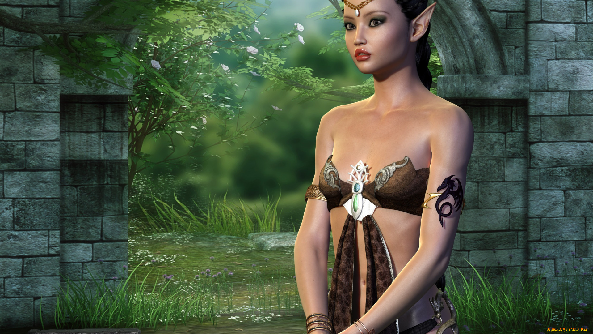 3д, графика, эльфы, , elves, фон, взгляд, эльфийка