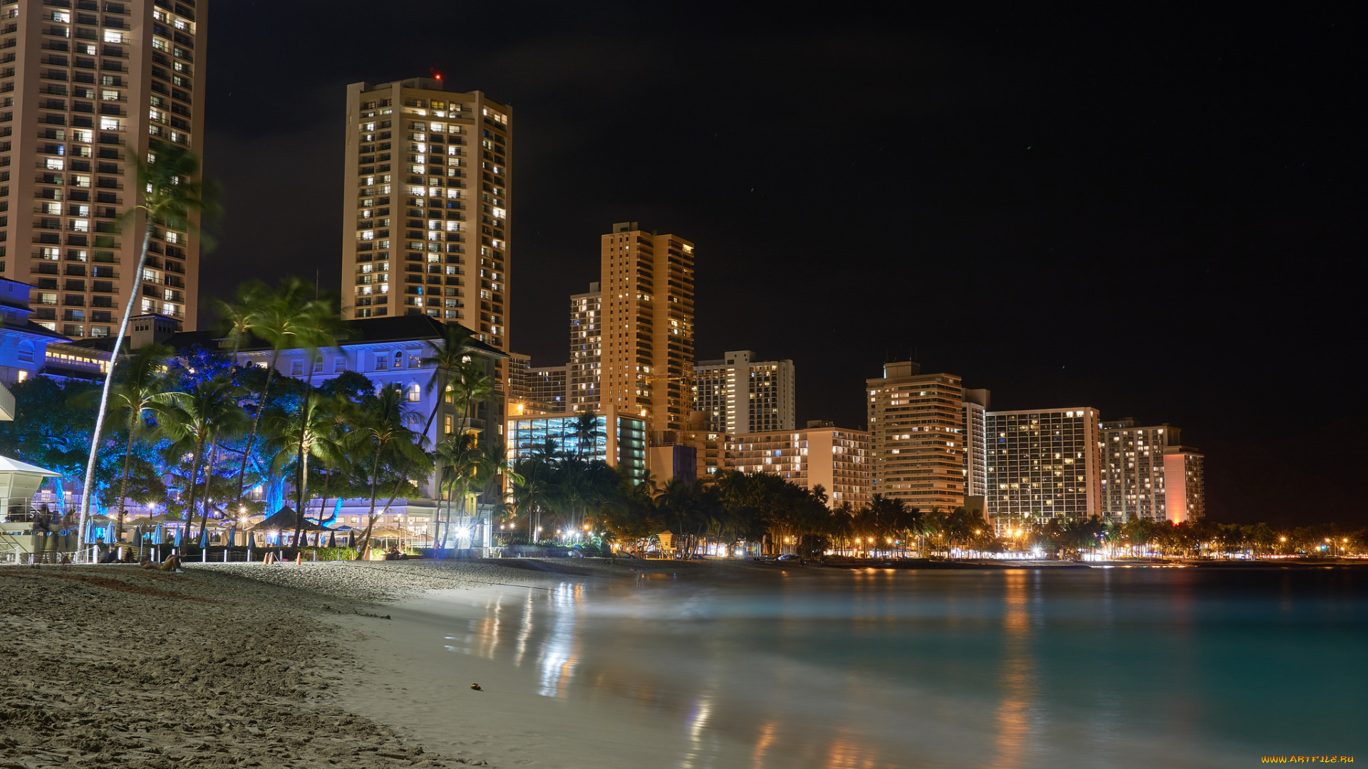 waikiki, at, night, , honolulu, города, -, огни, ночного, города, простор
