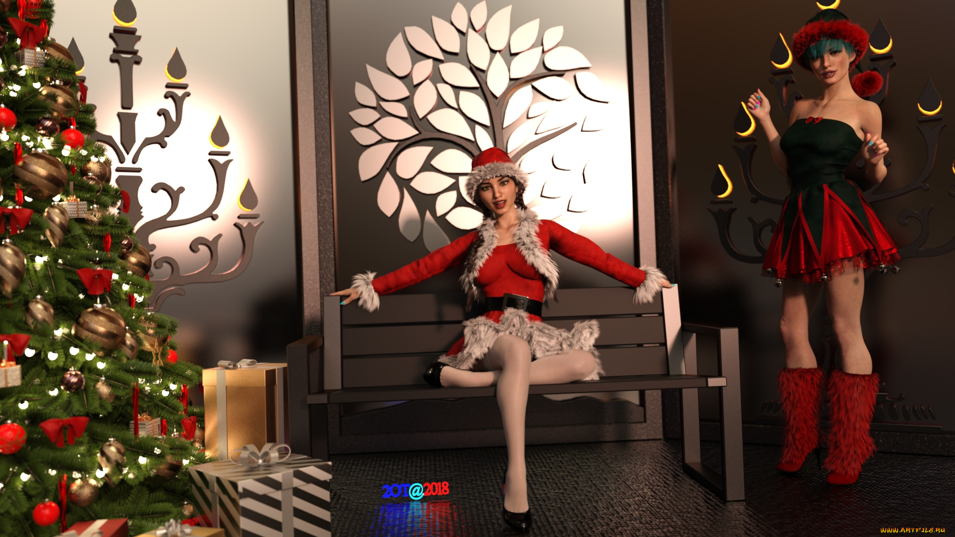 3д, графика, праздники, , holidays, девушки, взгляд, фон, снегурочки