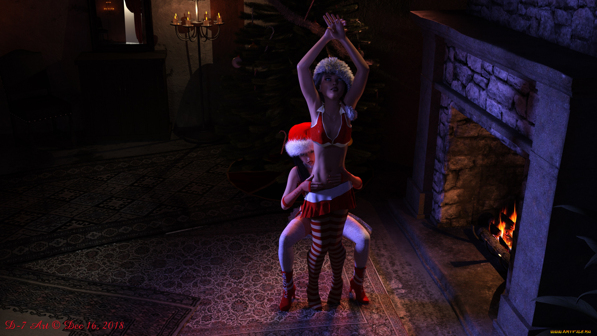 3д, графика, праздники, , holidays, камин, снегурочки, девушки, взгляд, фон