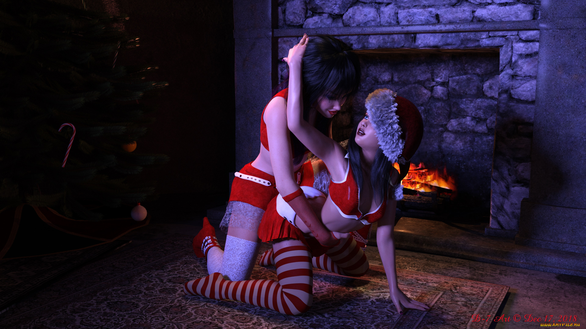 3д, графика, праздники, , holidays, камин, снегурочки, фон, взгляд, девушки