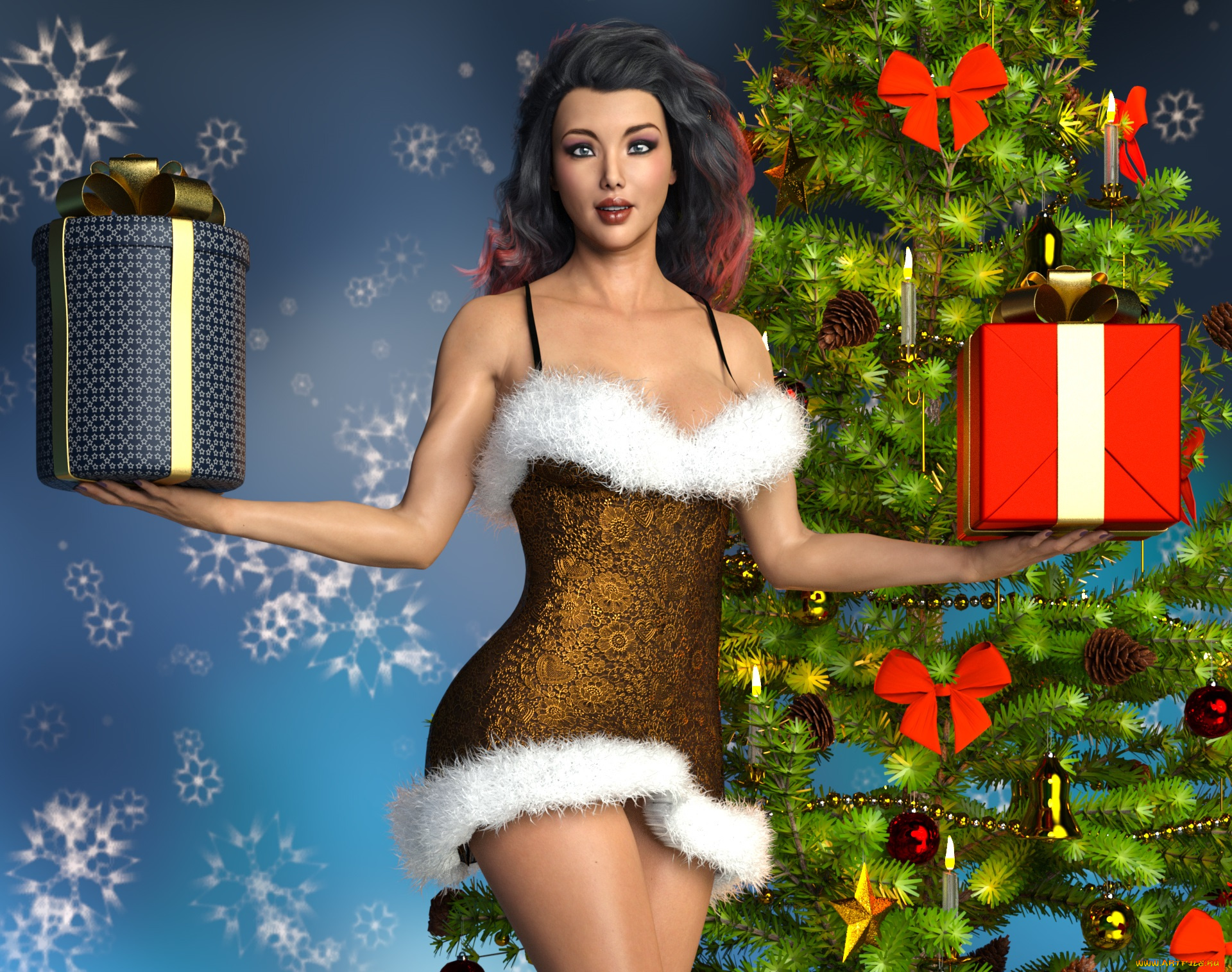 3д, графика, праздники, , holidays, снегурочка, фон, взгляд, девушка