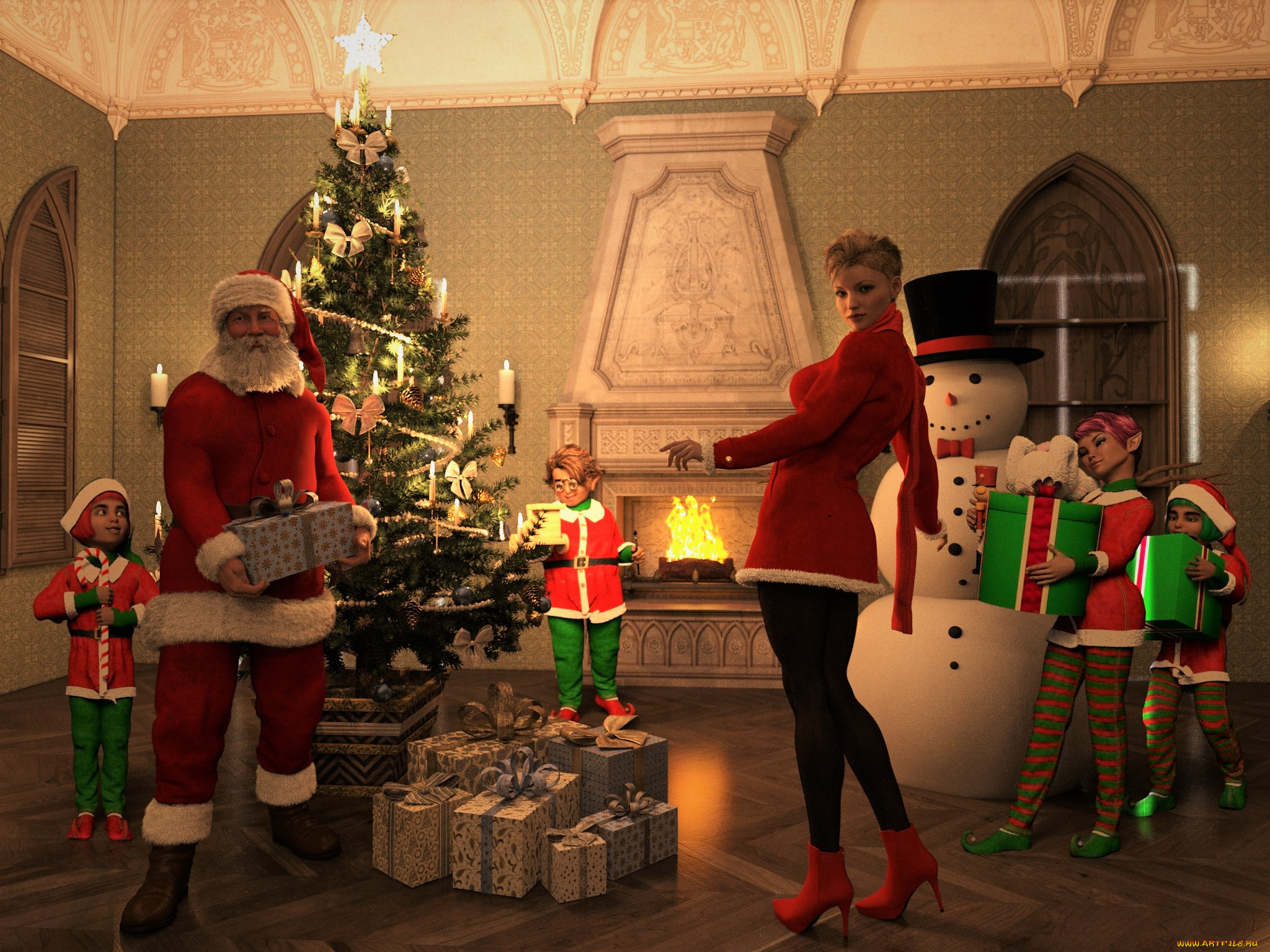 3д, графика, праздники, , holidays, cанта, клаус, фон, взгляд, девушка