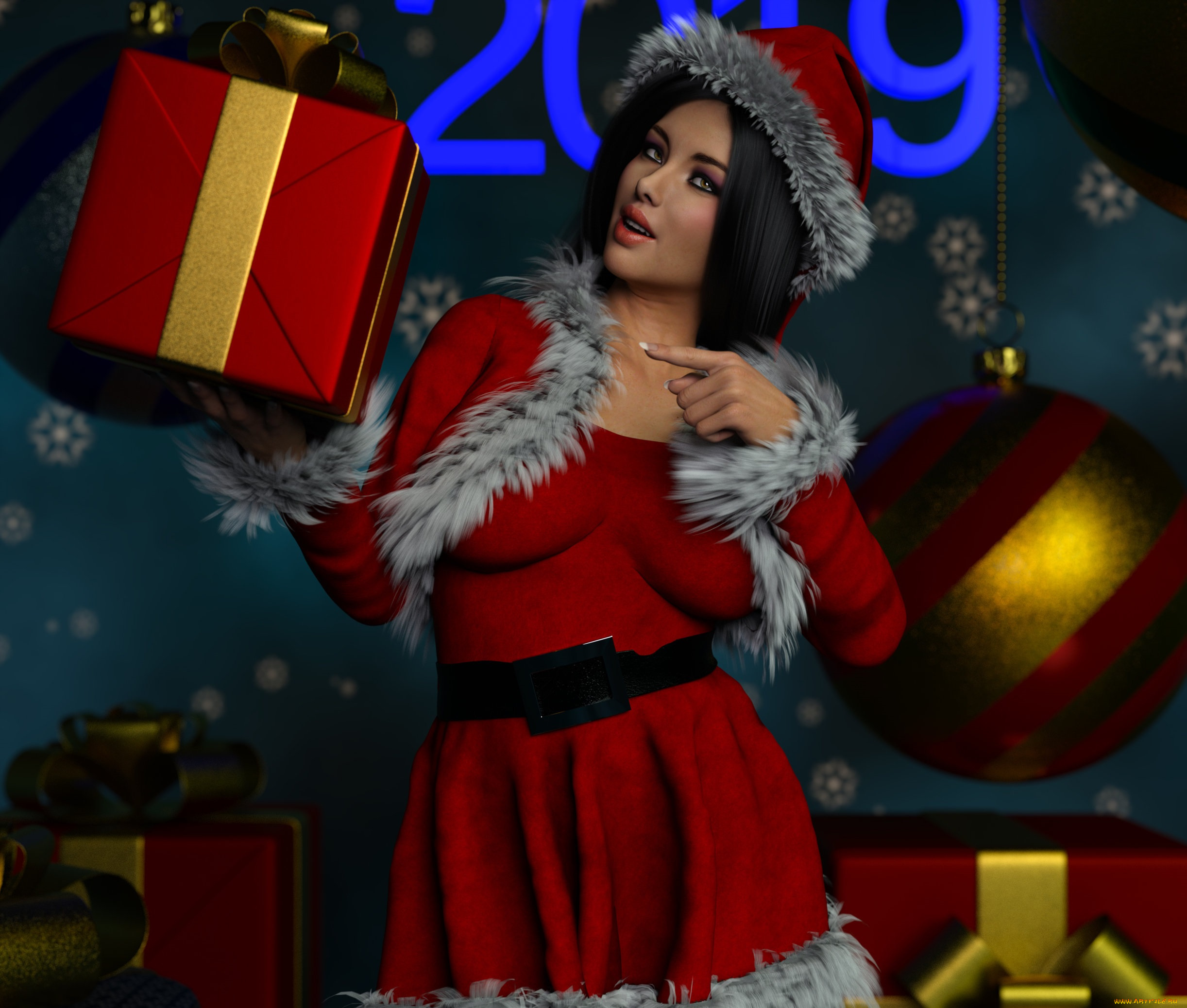 3д, графика, праздники, , holidays, девушка, взгляд, фон, снегурочка