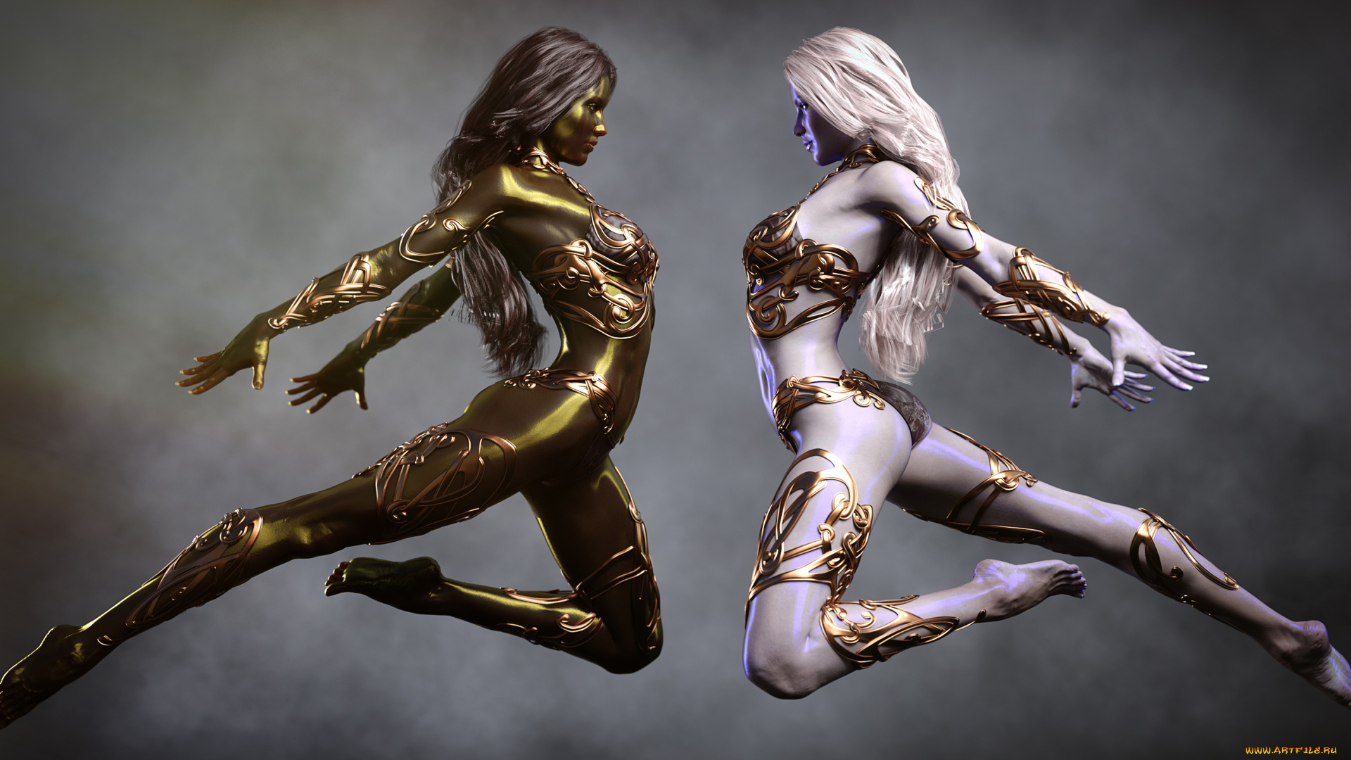 3д, графика, фантазия, , fantasy, прыжок, униформа, фон, девушки