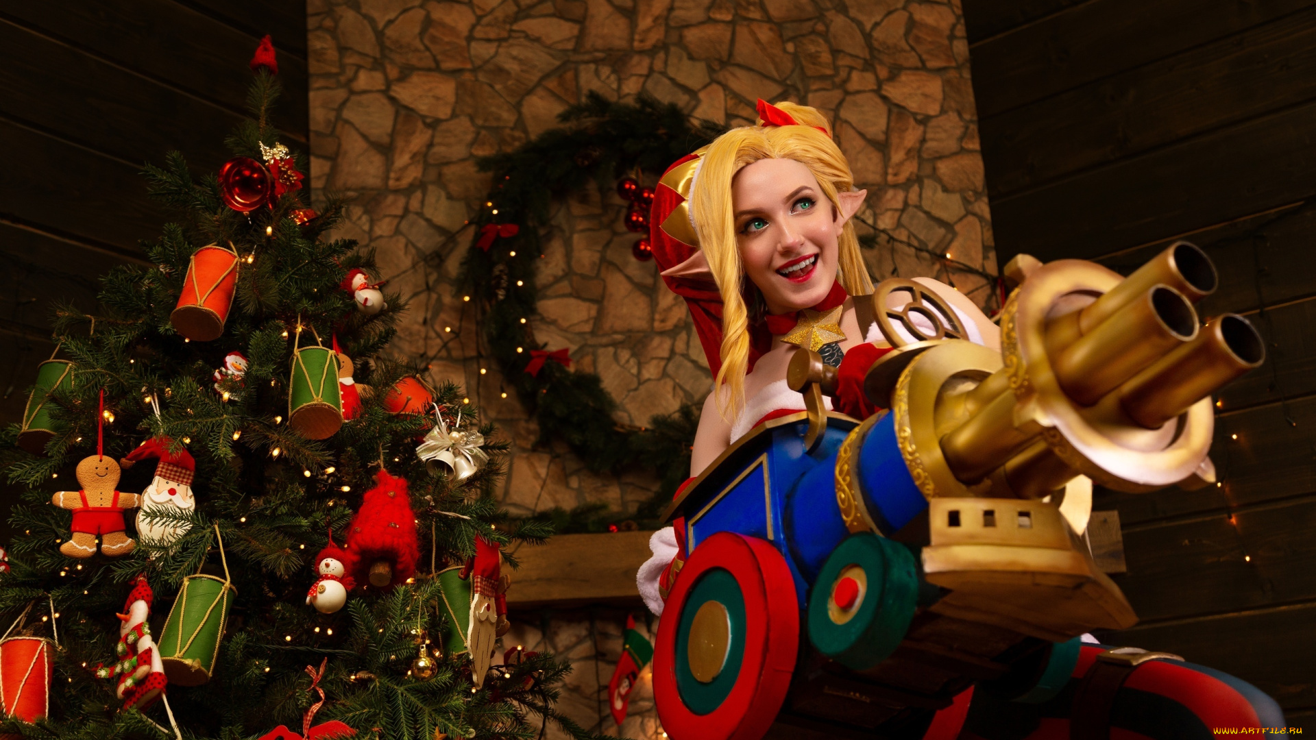 девушки, -, креатив, , косплей, костюм, пушка, ёлка, камин