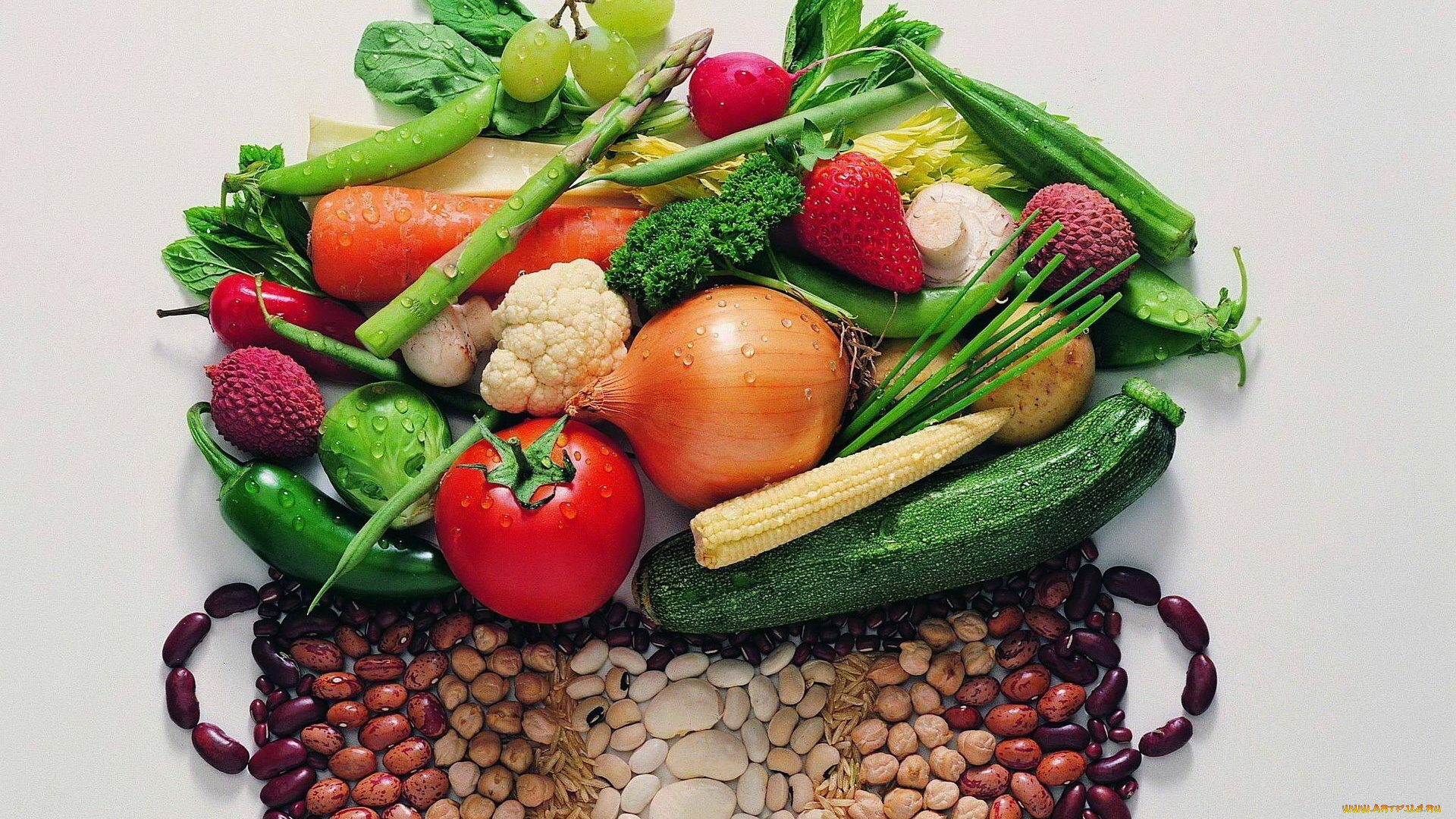 еда, фрукты, и, овощи, вместе, фасоль, спаржа, лук, цукини, помидоры