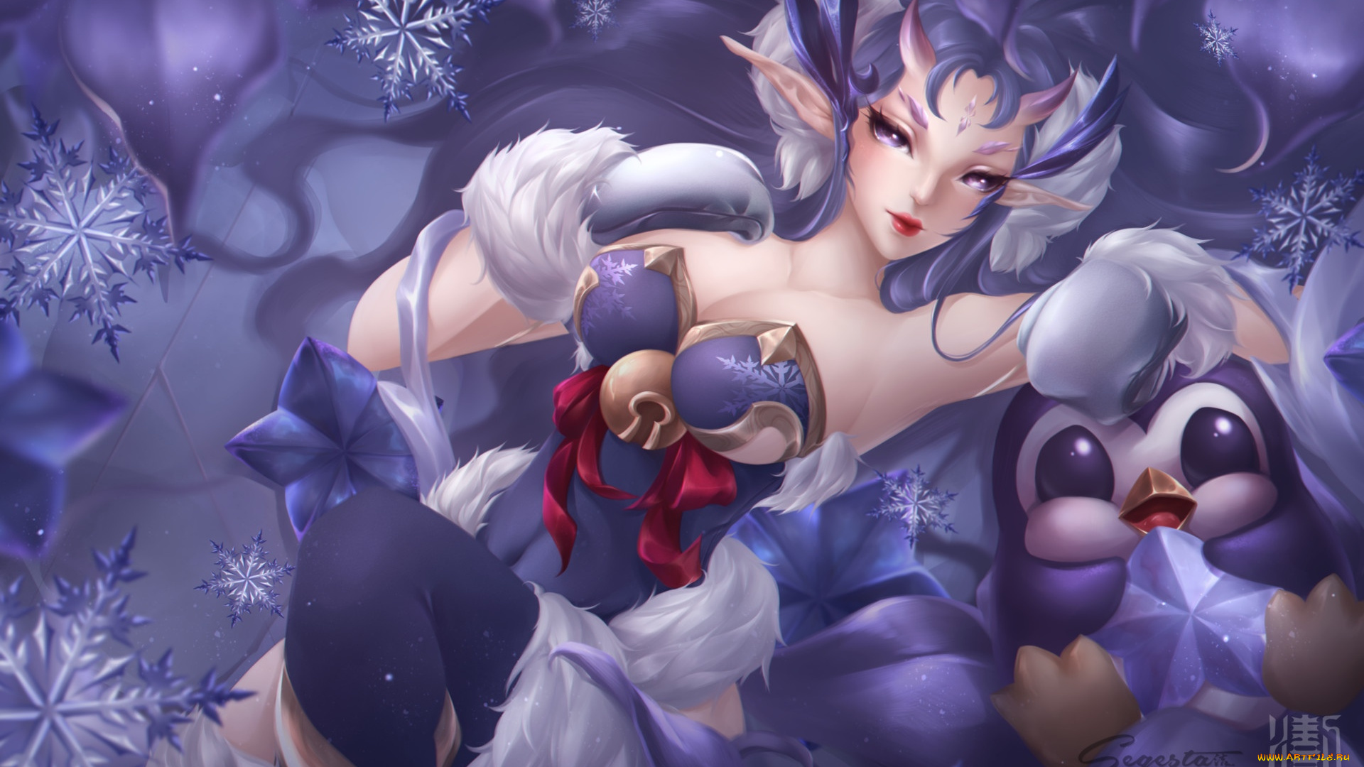 видео, игры, league, of, legends, девушка, снежинки, колокольчик, пингвин, zyra