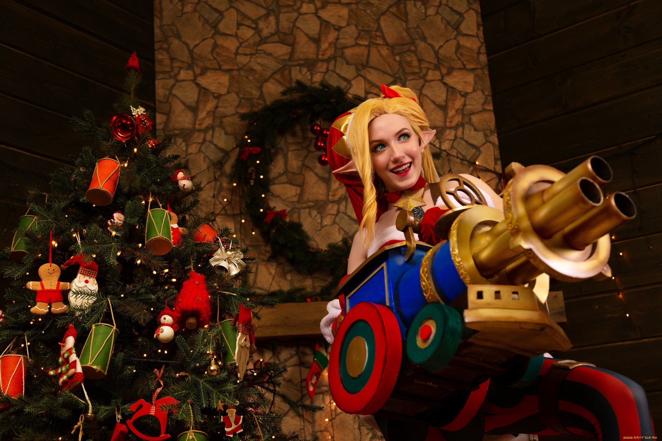 девушки, -, креатив, , косплей, костюм, пушка, ёлка, камин