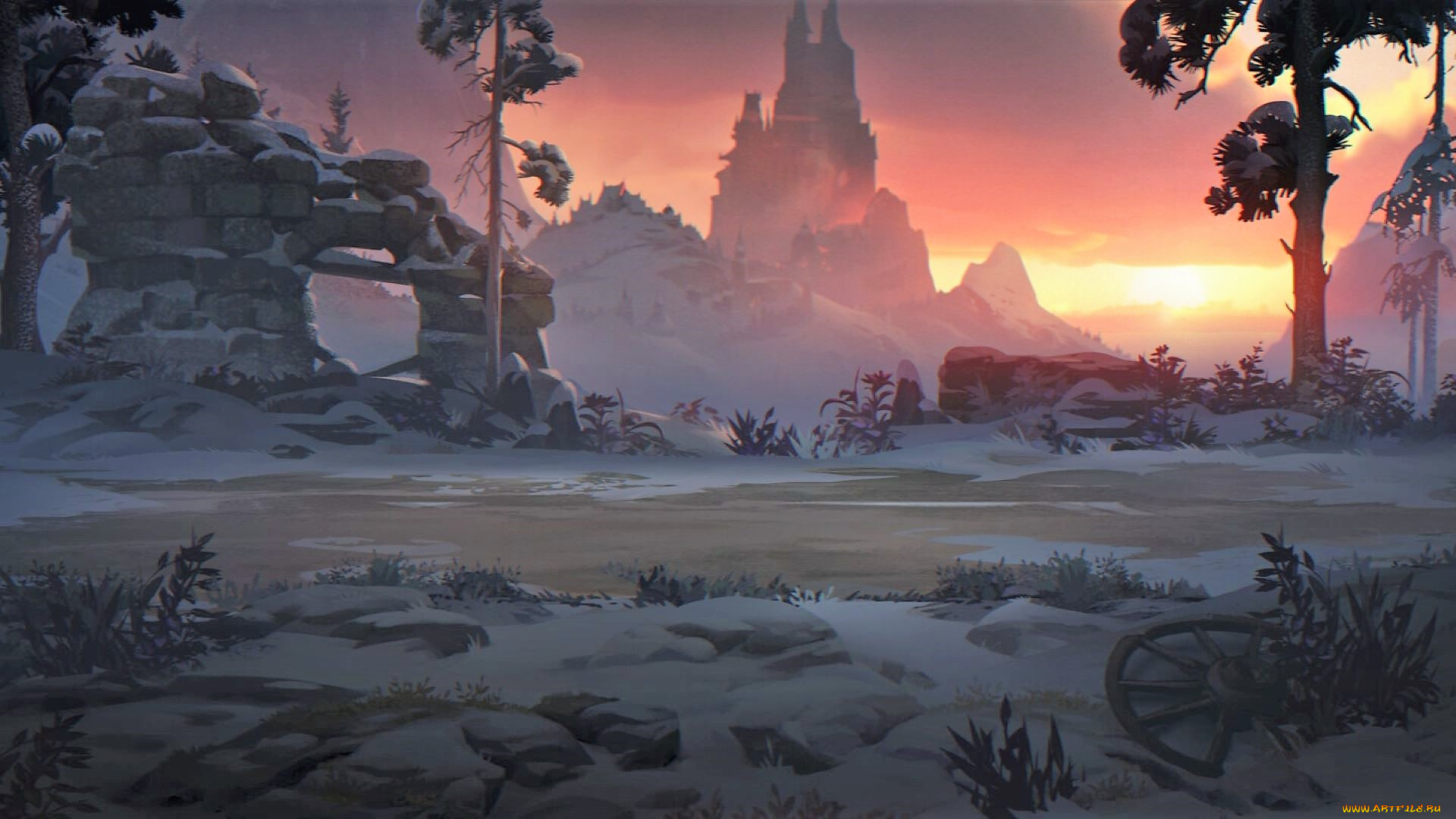 фэнтези, замки, замок, снег, колесо, развалины