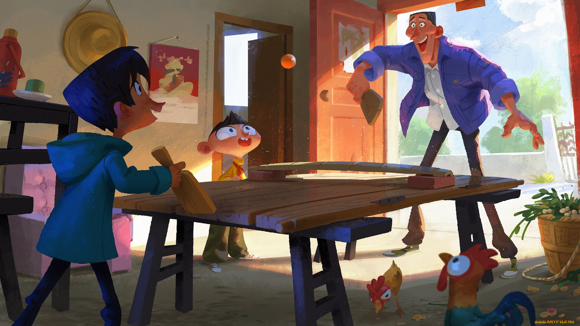рисованное, кино, , мультфильмы, папа, дети, стол, теннис, петухи
