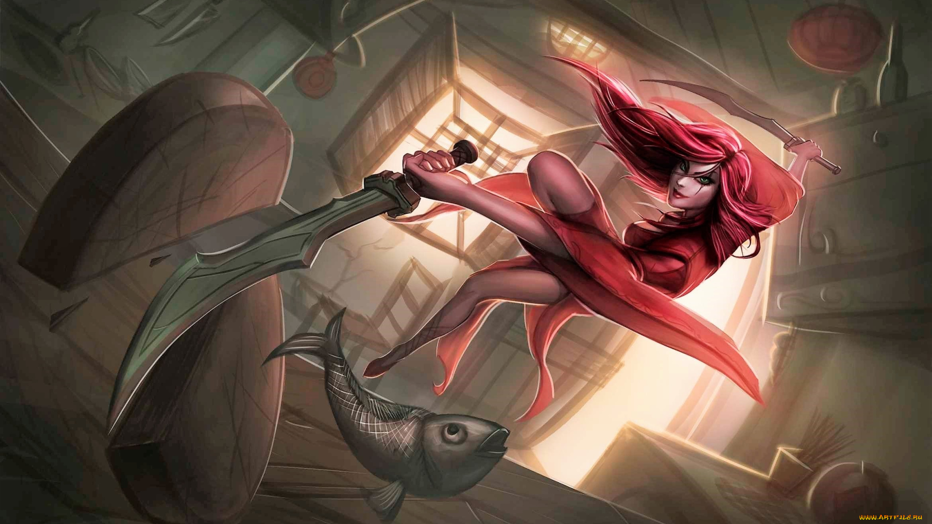видео, игры, league, of, legends, katarina, рыба, доска, нож