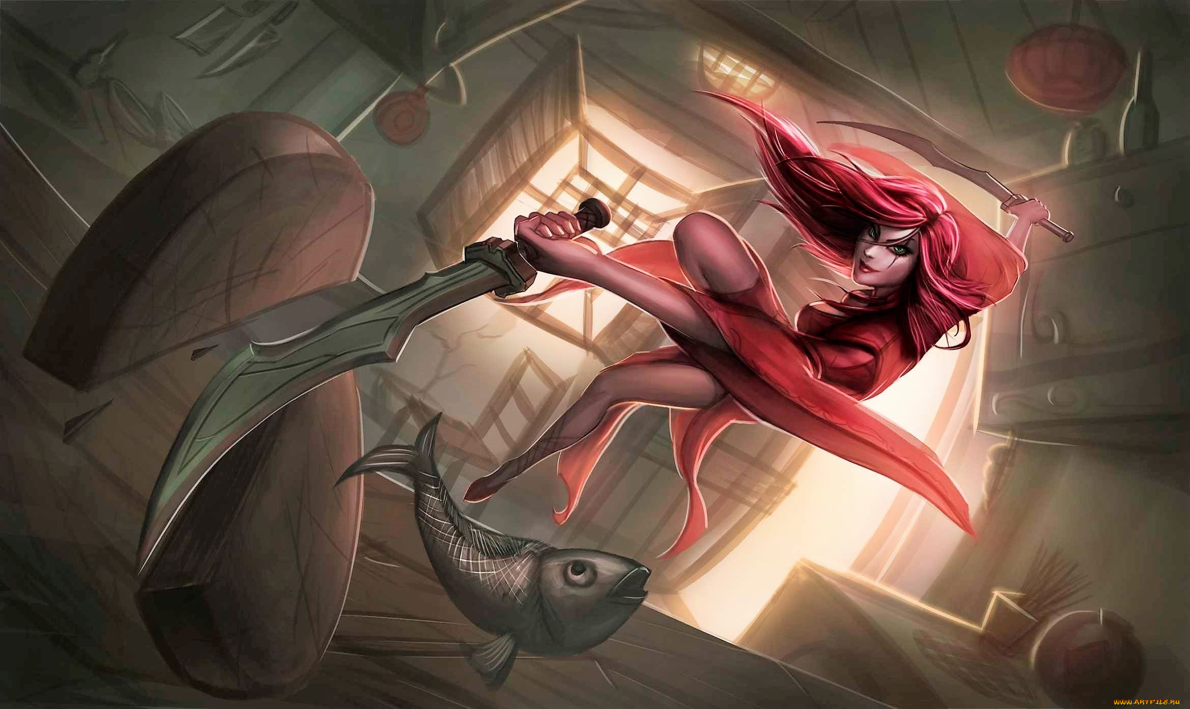 видео, игры, league, of, legends, katarina, рыба, доска, нож