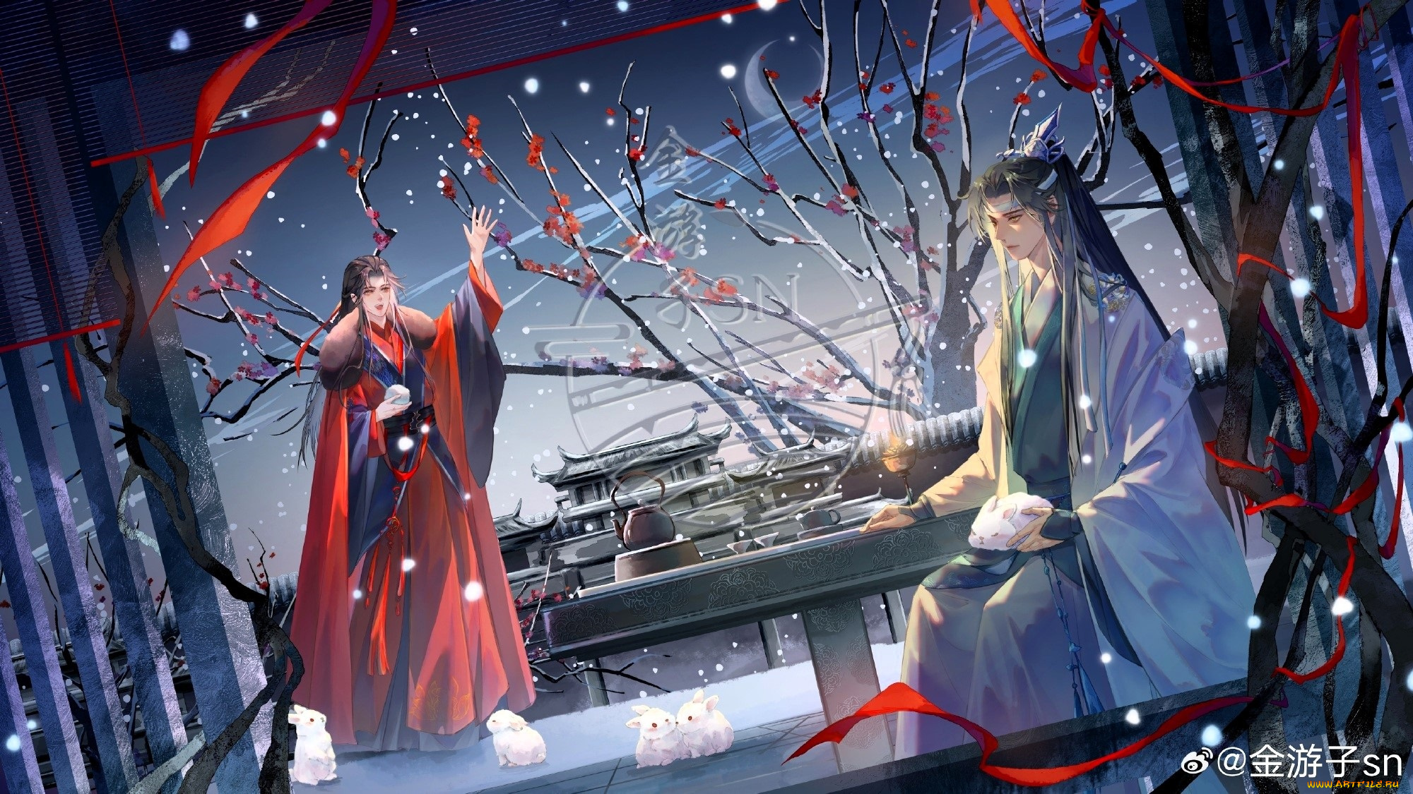 аниме, mo, dao, zu, shi, лань, ванцзи, вэй, усянь, снег, беседка, кролик