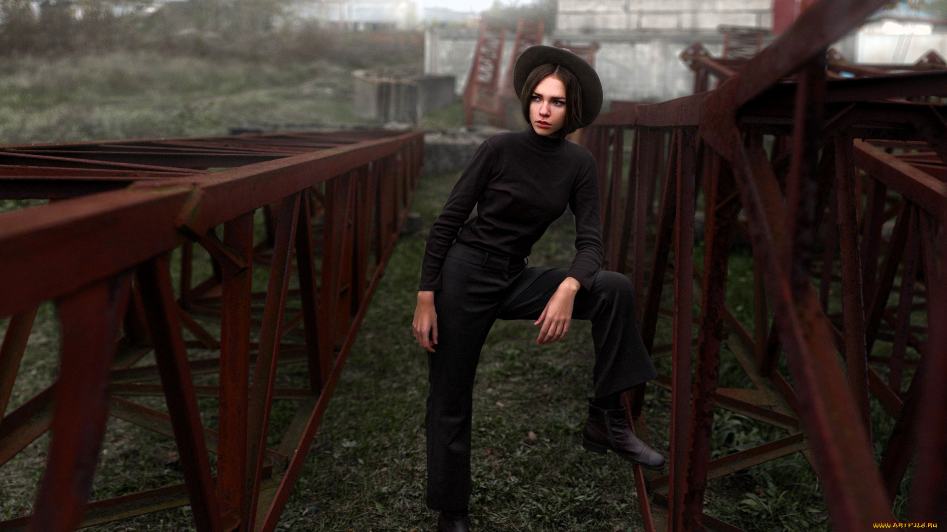 девушки, -, брюнетки, , шатенки, брюнетка, шляпа, свитер, брюки, конструкции