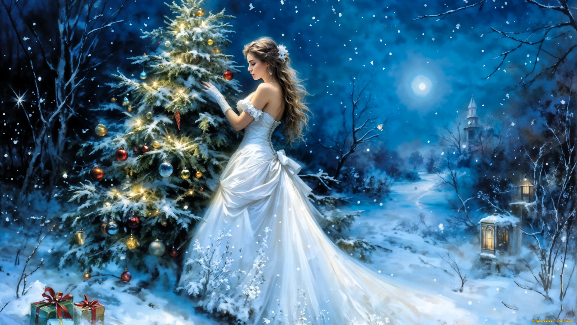 фэнтези, девушки, ёлка, лес, украшения, девушка, платье, снег, подарки, фонарики