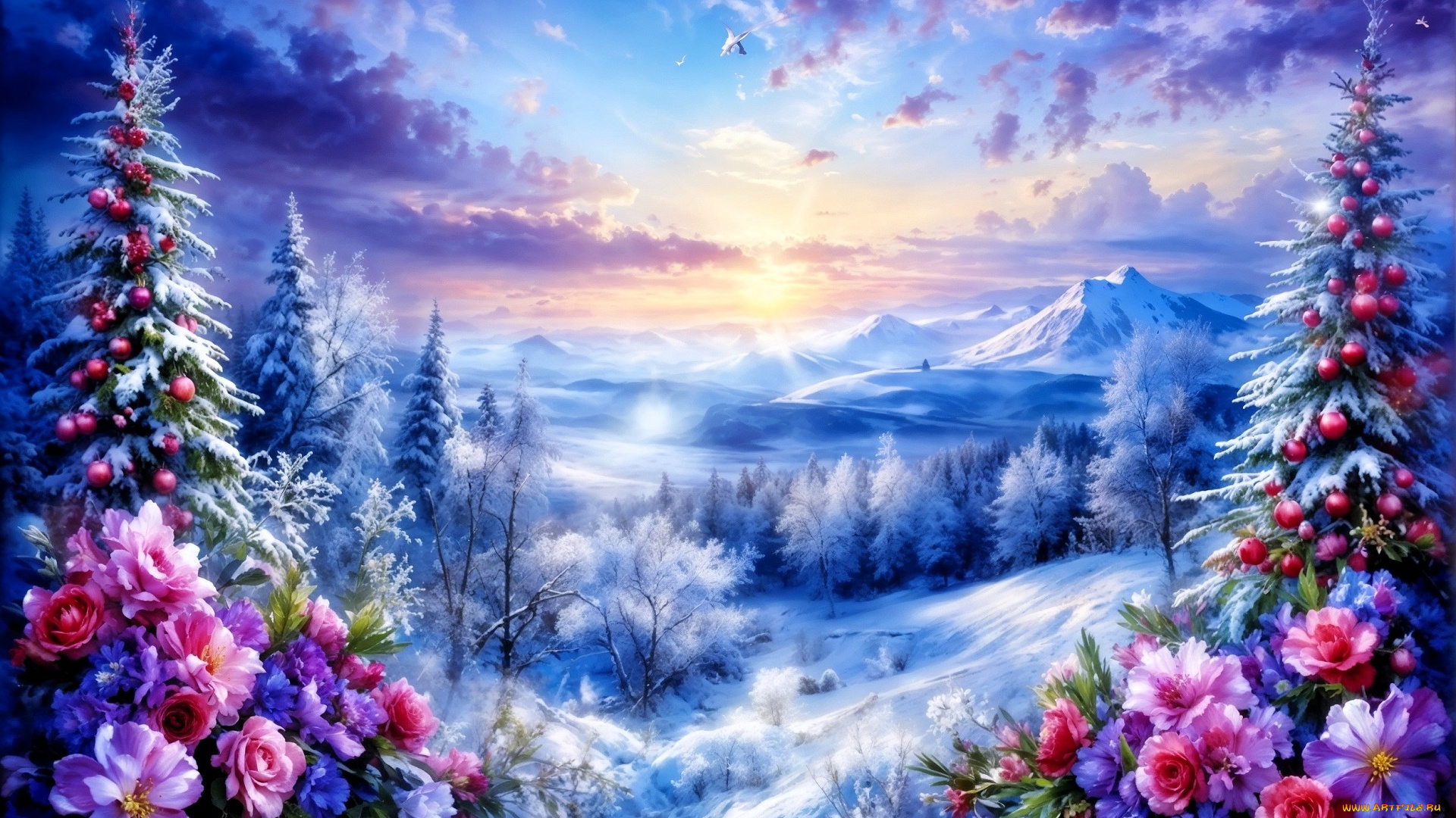 праздничные, 3д, графика, , новый, год, лес, снег, ёлки, шарики, цветы, горы