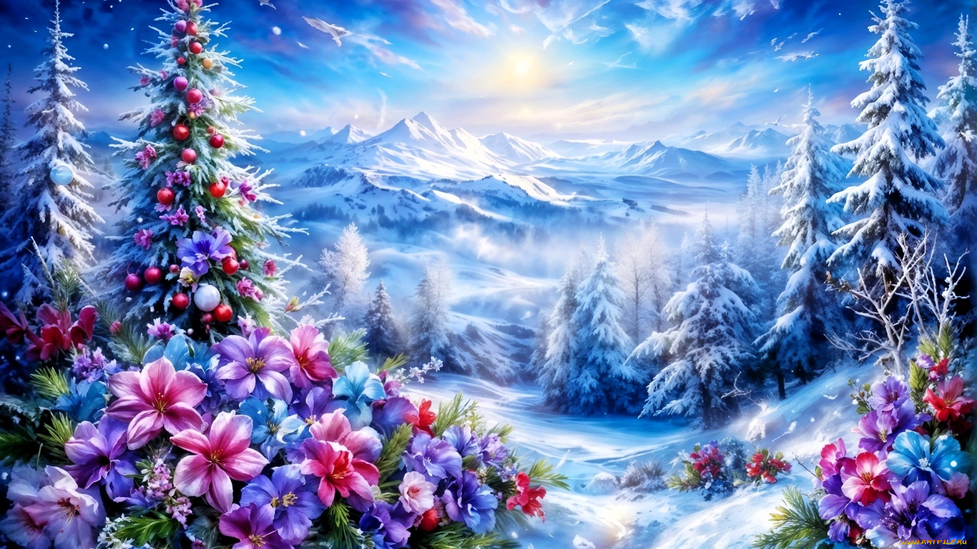 праздничные, 3д, графика, , новый, год, лес, снег, ёлки, шарики, цветы, горы