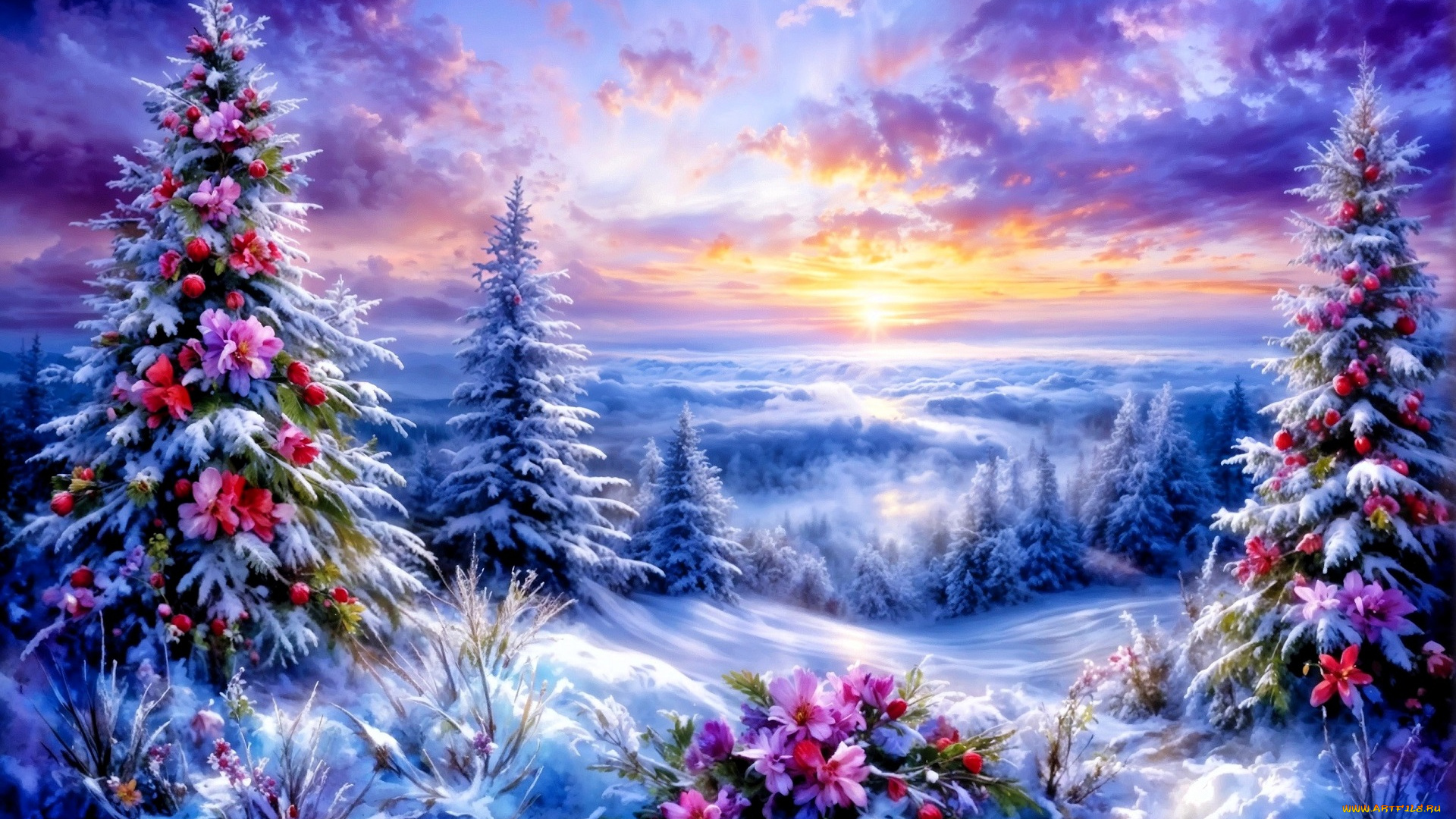 праздничные, 3д, графика, , новый, год, лес, снег, ёлки, шарики, цветы