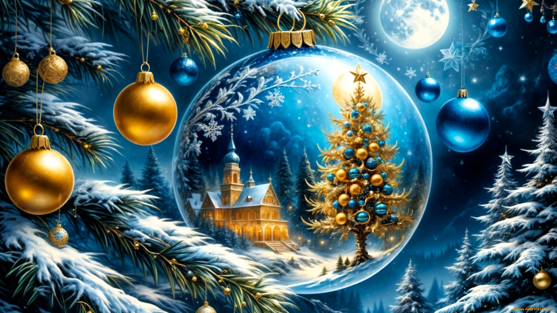праздничные, 3д, графика, , новый, год, ёлка, шарики, украшения, снег, храм, луна