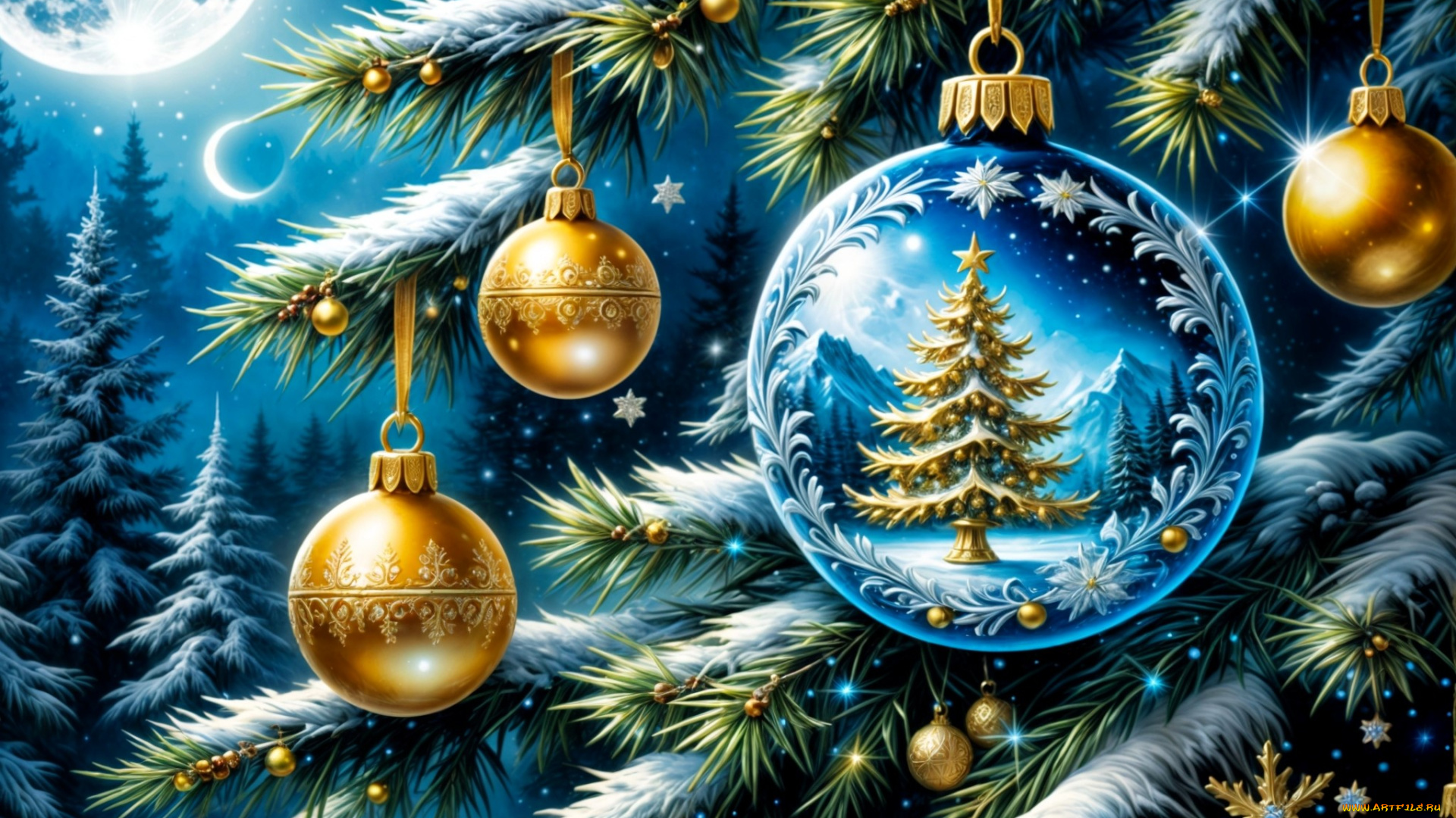 праздничные, 3д, графика, , новый, год, ёлка, шарики, украшения, снег