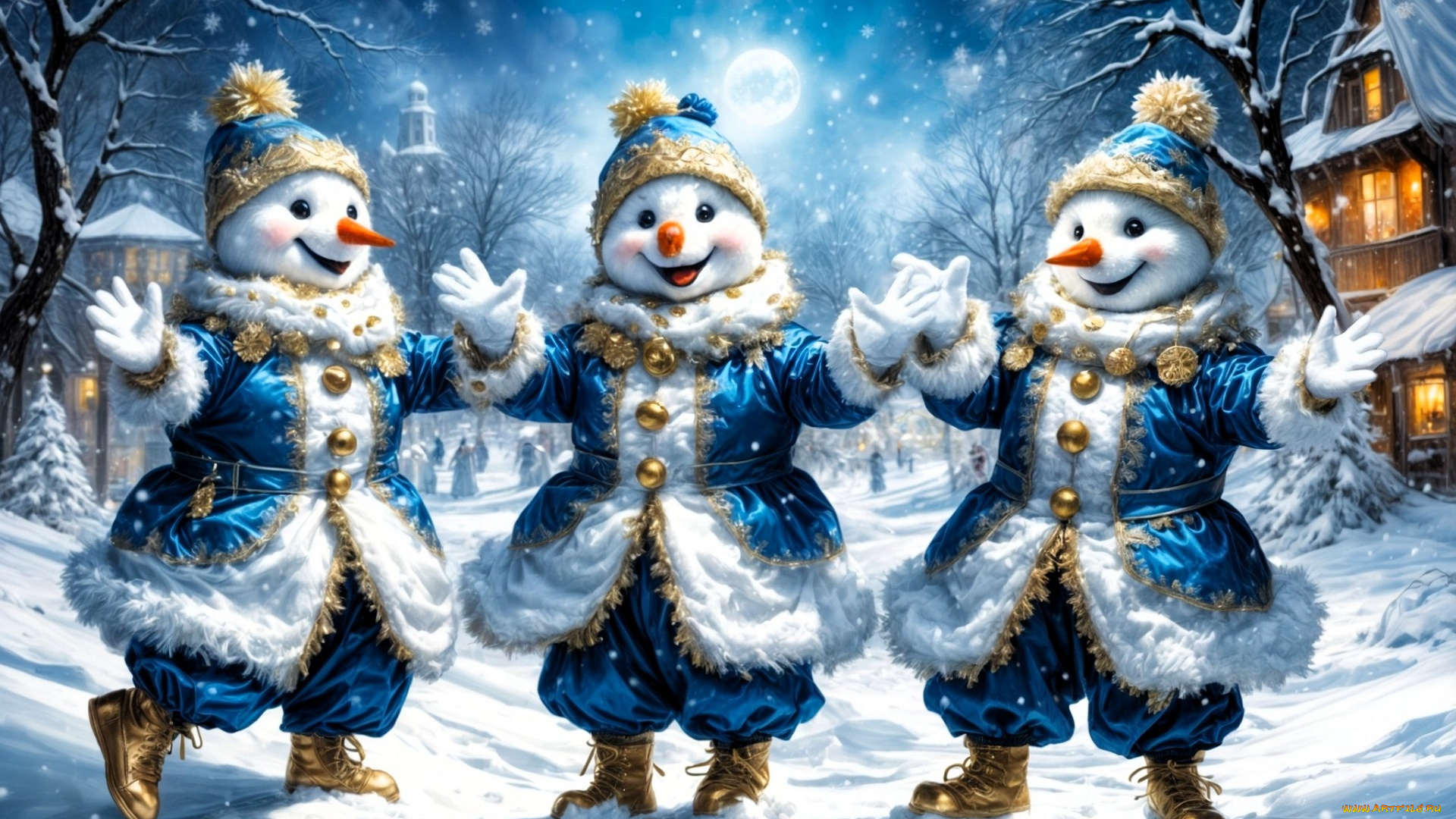 праздничные, снеговики, наряды, дома, снег