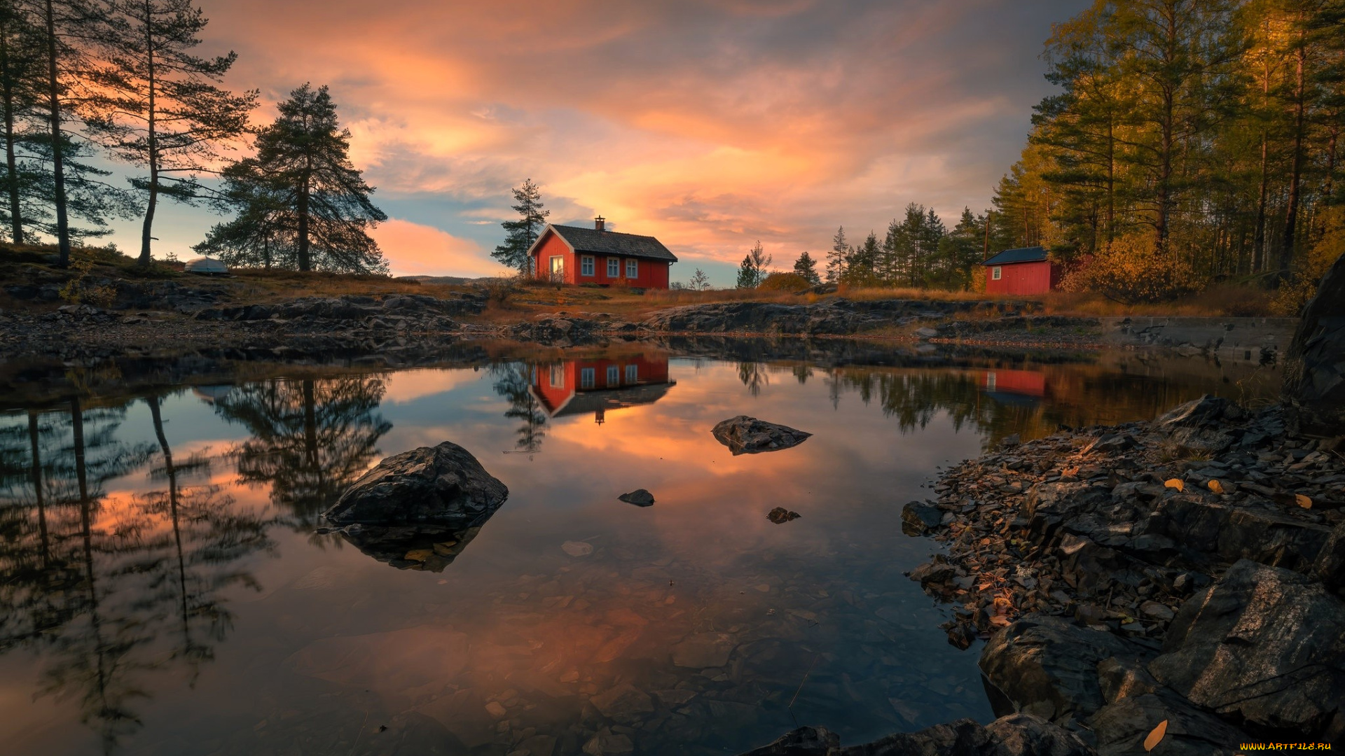 ringerike, , norway, города, -, здания, , дома, деревья, дома, осень, озеро, камни