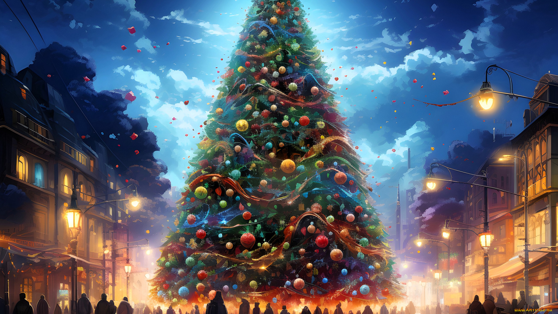 рисованное, праздники, новый, год, ёлка, люди, фонари, дома
