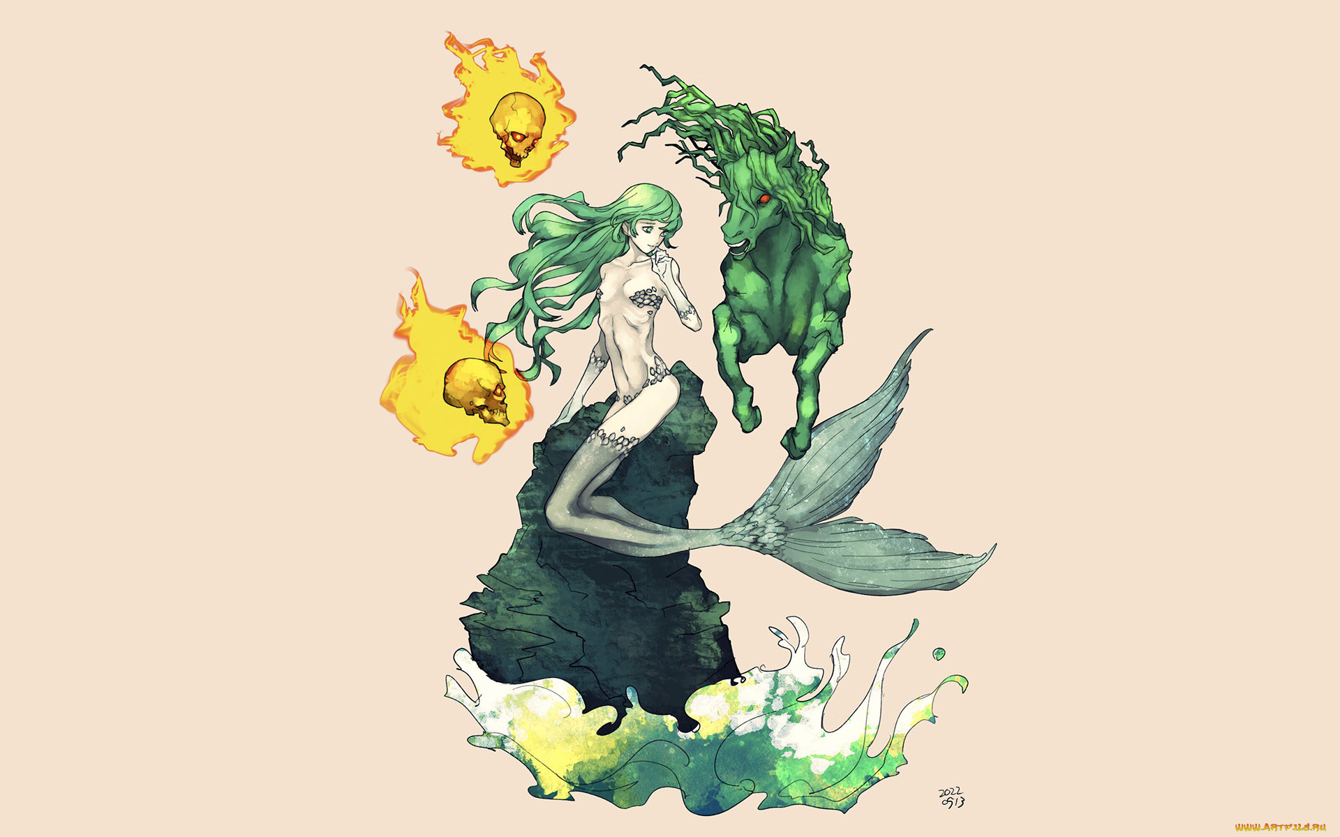 видео, игры, shin, megami, tensei, v, русалка, скала, черепа, лошадь