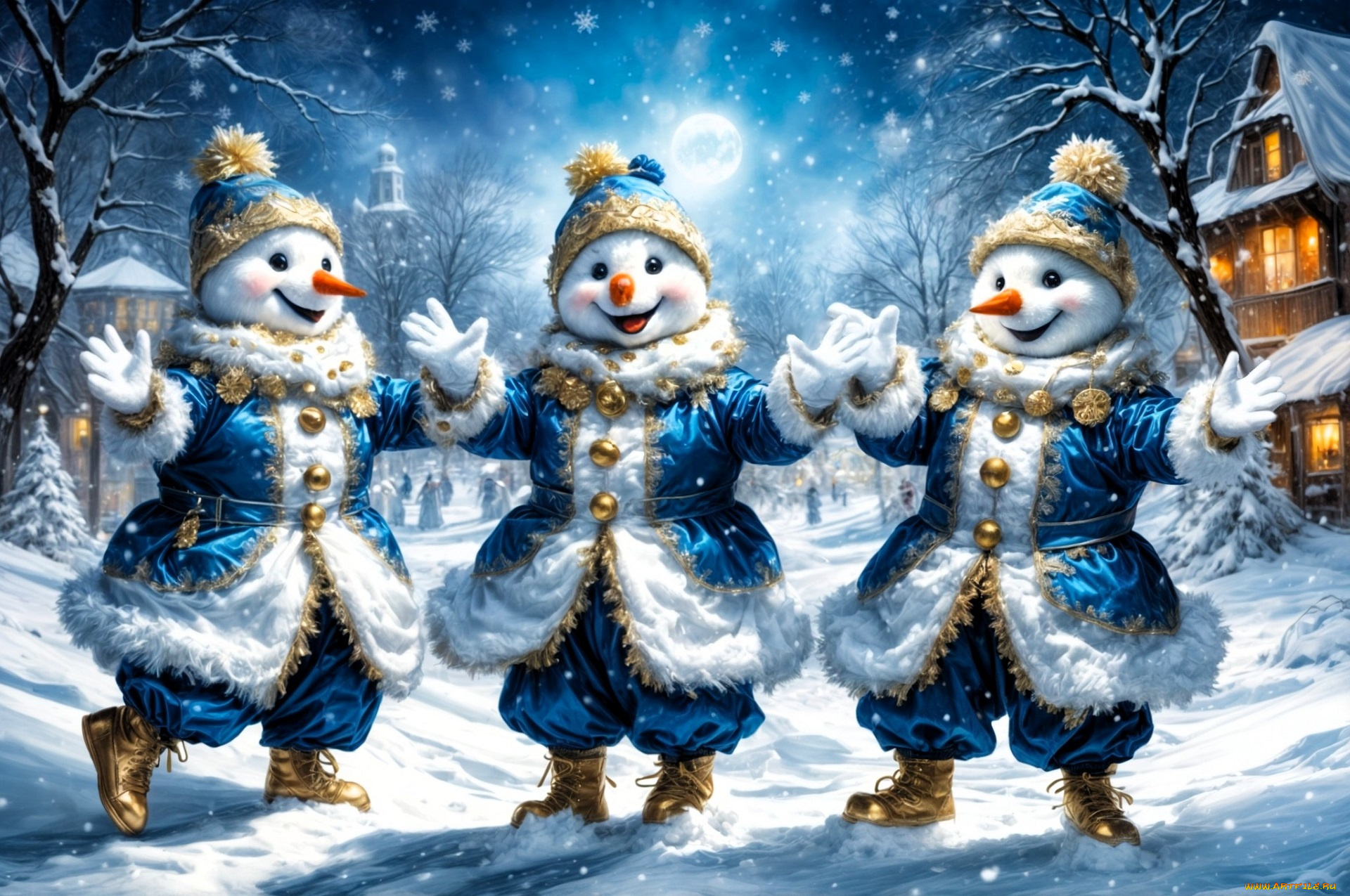 праздничные, снеговики, наряды, дома, снег